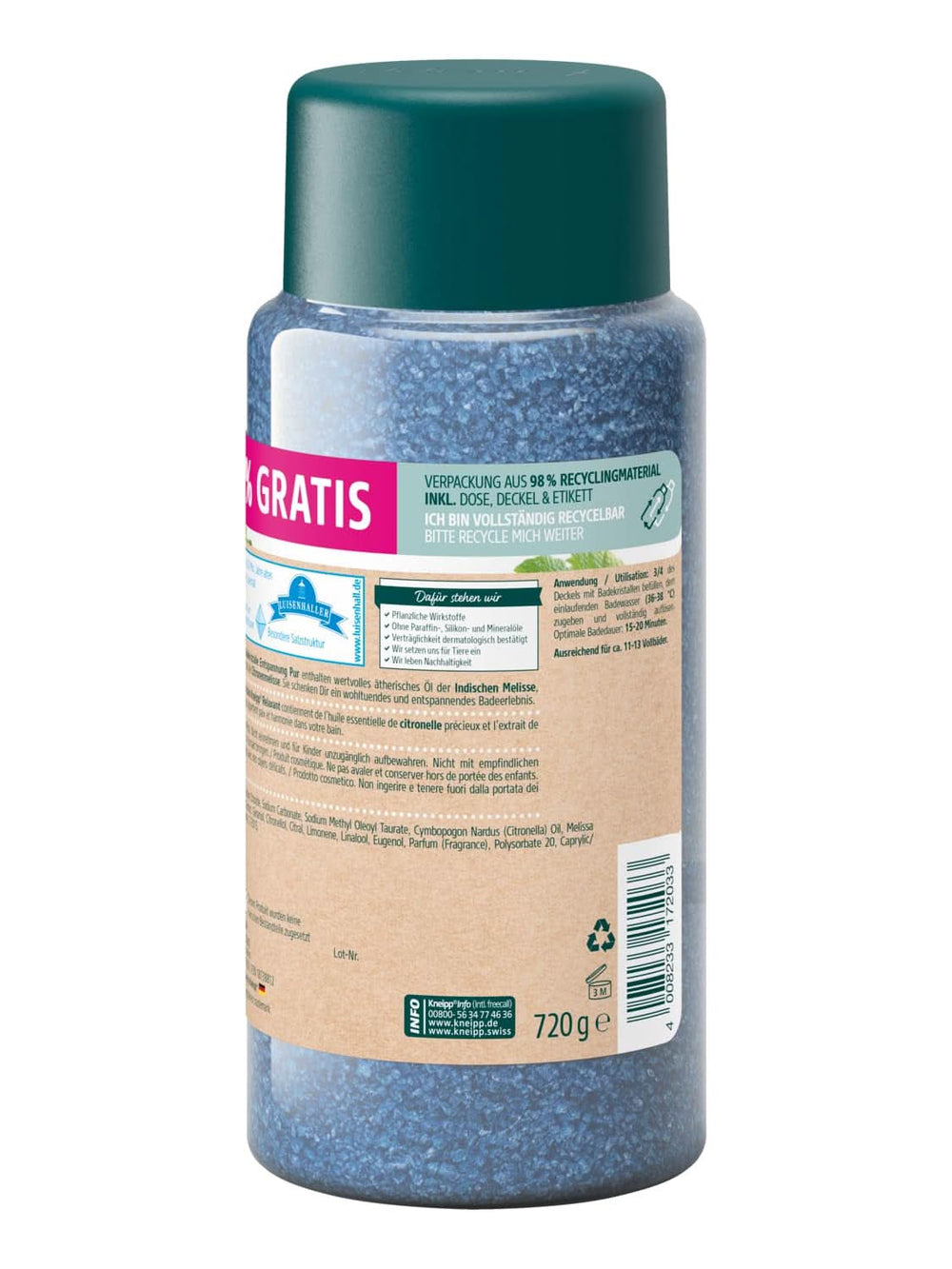 Cristale de baie Kneipp Relaxare pură - mărime specială - cu sare naturală profundă din salina Luisenhall și ulei esențial de balsam de lămâie indian și extract de balsam de lămâie, ediție limitată, 720G Duș și baie Naty Shop
