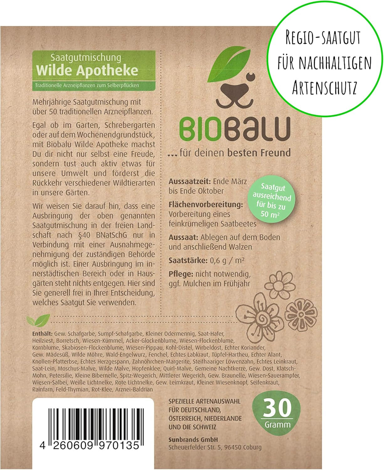 Wilde Apotheke - 50 Traditionelle Heilkräuter Samen - Bienenfreundliche Wildblumenwiese, Wildkräuter Samen Mehrjährig & Regional, Arzneipflanzen Saatgutmischung 30 G