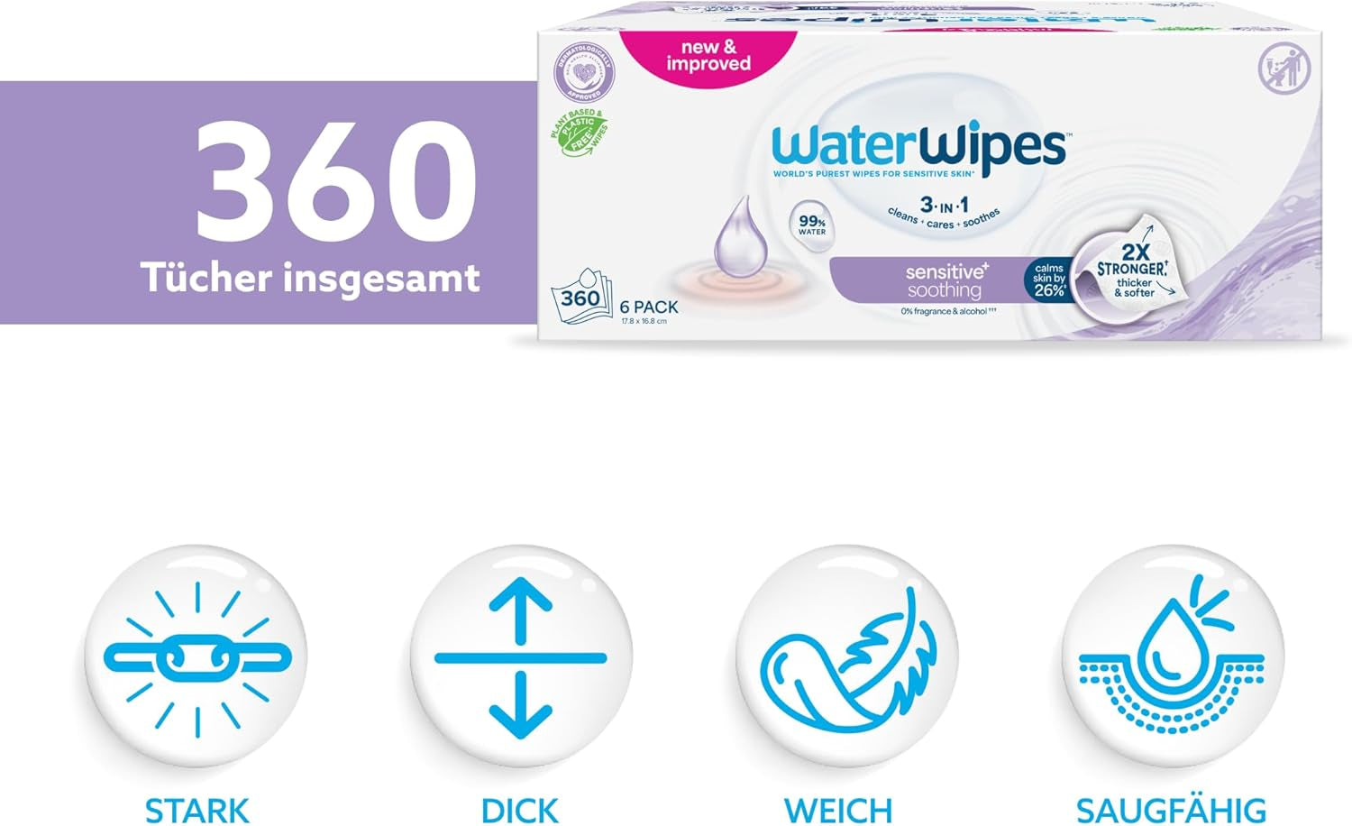 WaterWipes Sensitive+ Soothing Clean 360 szt. (6 szt.) 3 w 1 oczyszczające, pielęgnujące i łagodzące chusteczki dla dzieci 99% wody z ekstraktem roślinnym