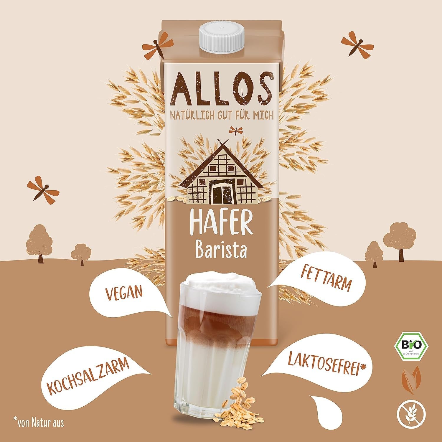 Allos Bio Haferdrink Barista | Milchalternative aus Hafer | Schaumbarer Drink auf Pflanzenbasis | Idealny do kawy Napój wegański, bez laktozy | 1 litr (6 sztuk)