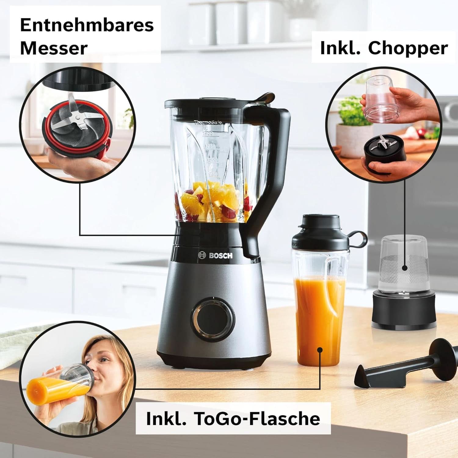 Mikser stojący Bosch Vitapower Serie 4 MMB6177S, Edelstahl-Klingen Made in Germany, 1,5 l Thermosafe Glasbehälter, 0,6 l To-Go-Flasche, Stopfer, Universalzerkleinerer, 30 000 U/Min, 1200 W, Silver Kitchen Naty Shop