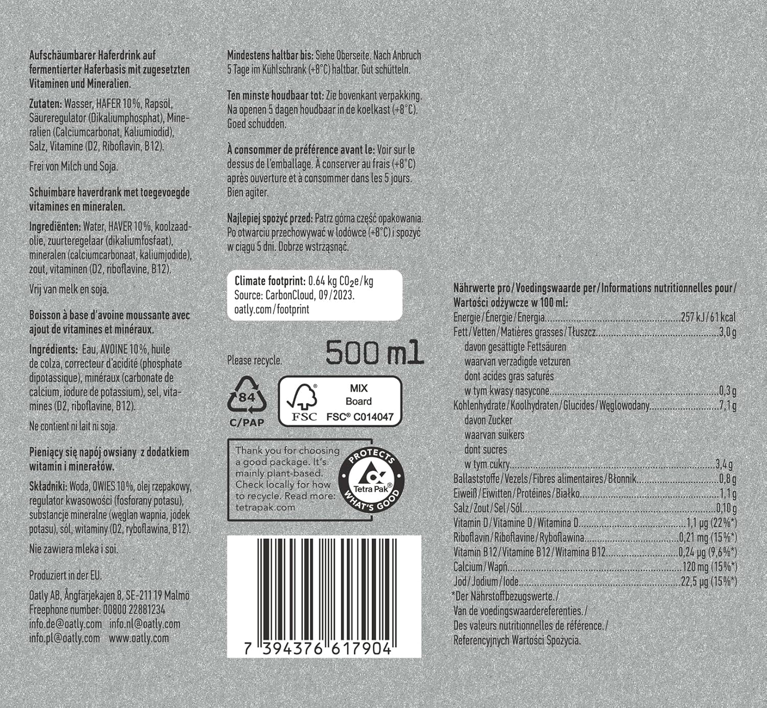 Oatly Haferdrink Barista Edition 500 ml X 10 (Die Verpackung kann variieren)