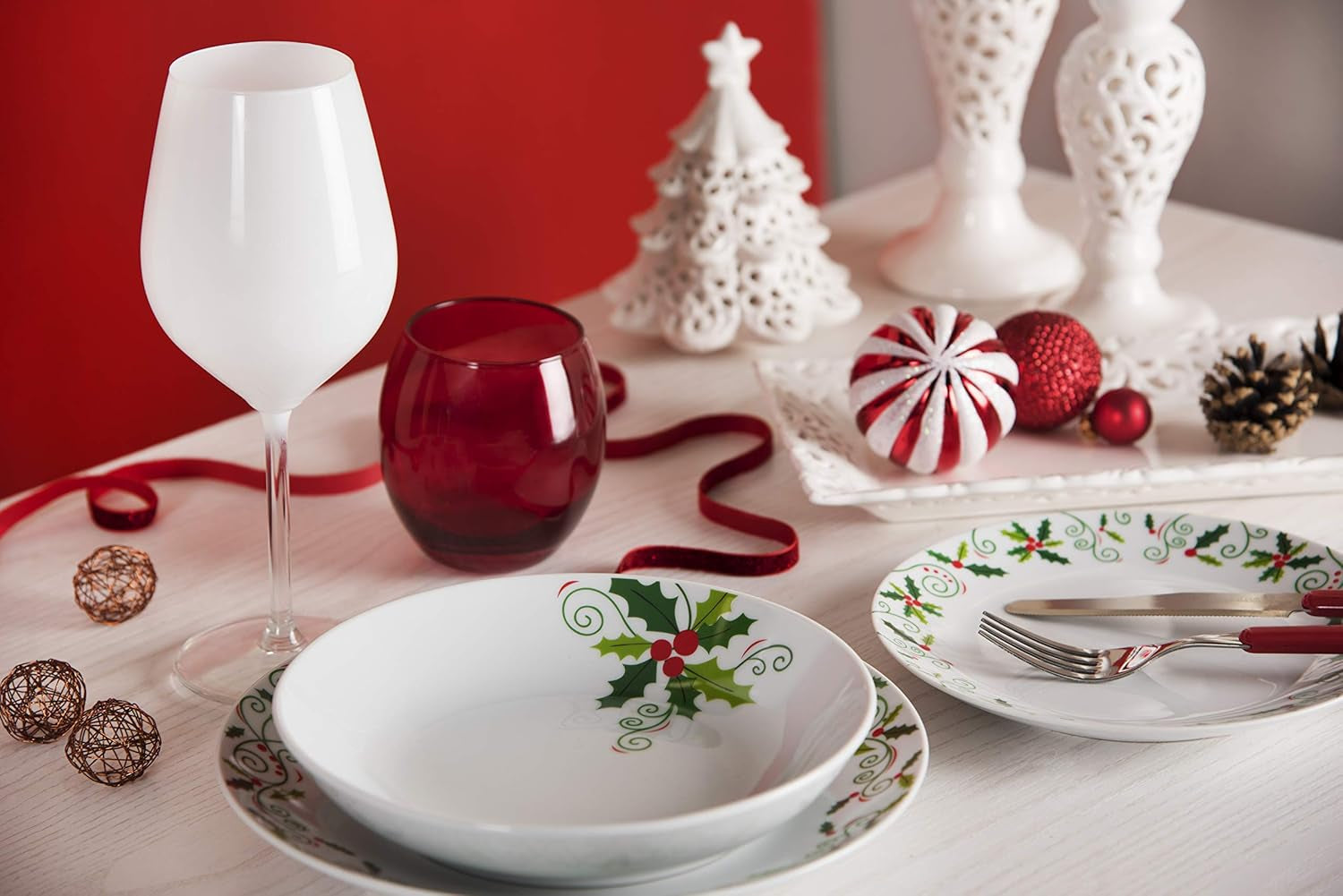 Excelsa 64134 Christmas Holly Tellerservice, 18-Teilig, Porzellan, Weiß Seturi vesela masa Naty Shop