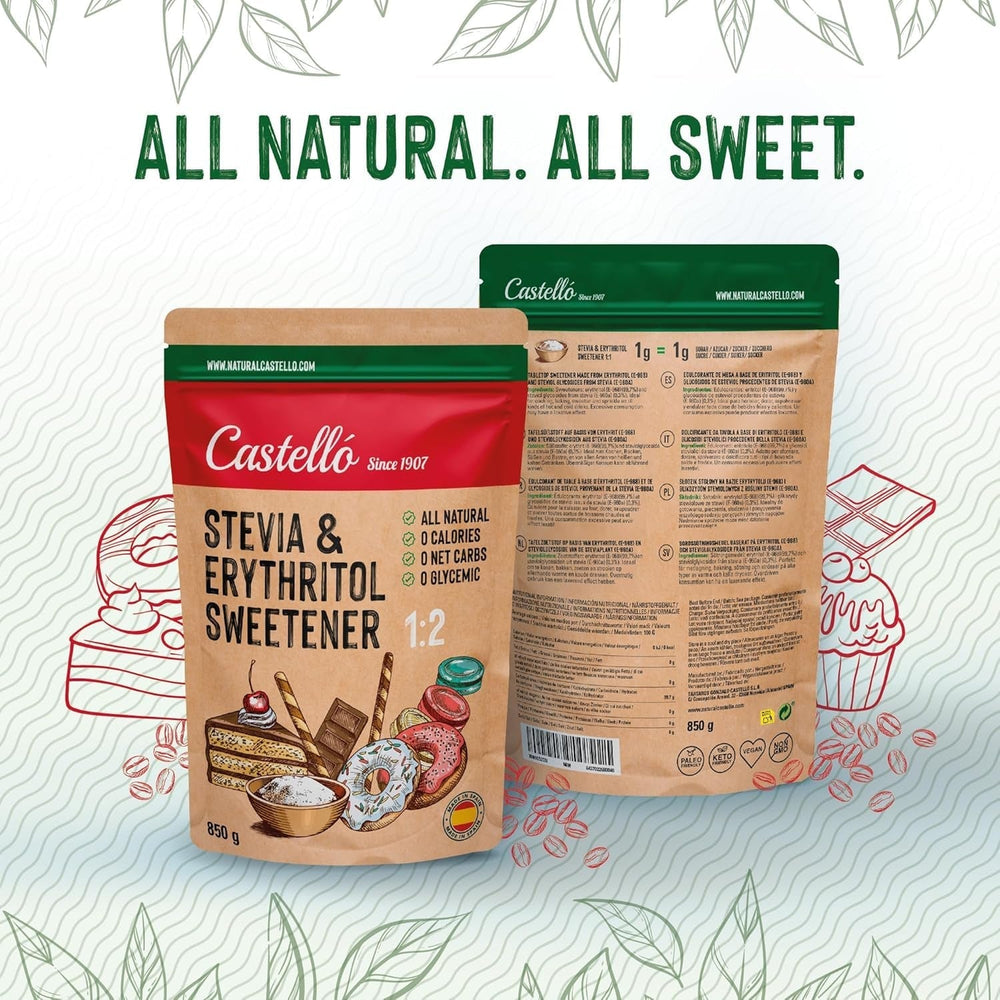 Stevia + Erythrit 1:1 Süßstoff | 1G = 1G Zucker | 100% Natürlicher Zuckerersatz - 0 Kalorien - 0 Glykämischer Index - Keto Und Paleo - 0 Netto-Kohlenhydrate - Kein GVO - Castello since 1907-850 G Indulcitori Naty Shop