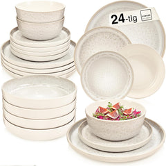 SÄNGER Key West | Set de veselă din gresie, 24 de piese, set de farfurii pentru 6 persoane, 6 farfurii de cină, boluri pentru cereale, farfurii pentru desert, boluri pentru paste, veselă de culoare crem cu textură nisipoasă | COLECȚIA VALUE