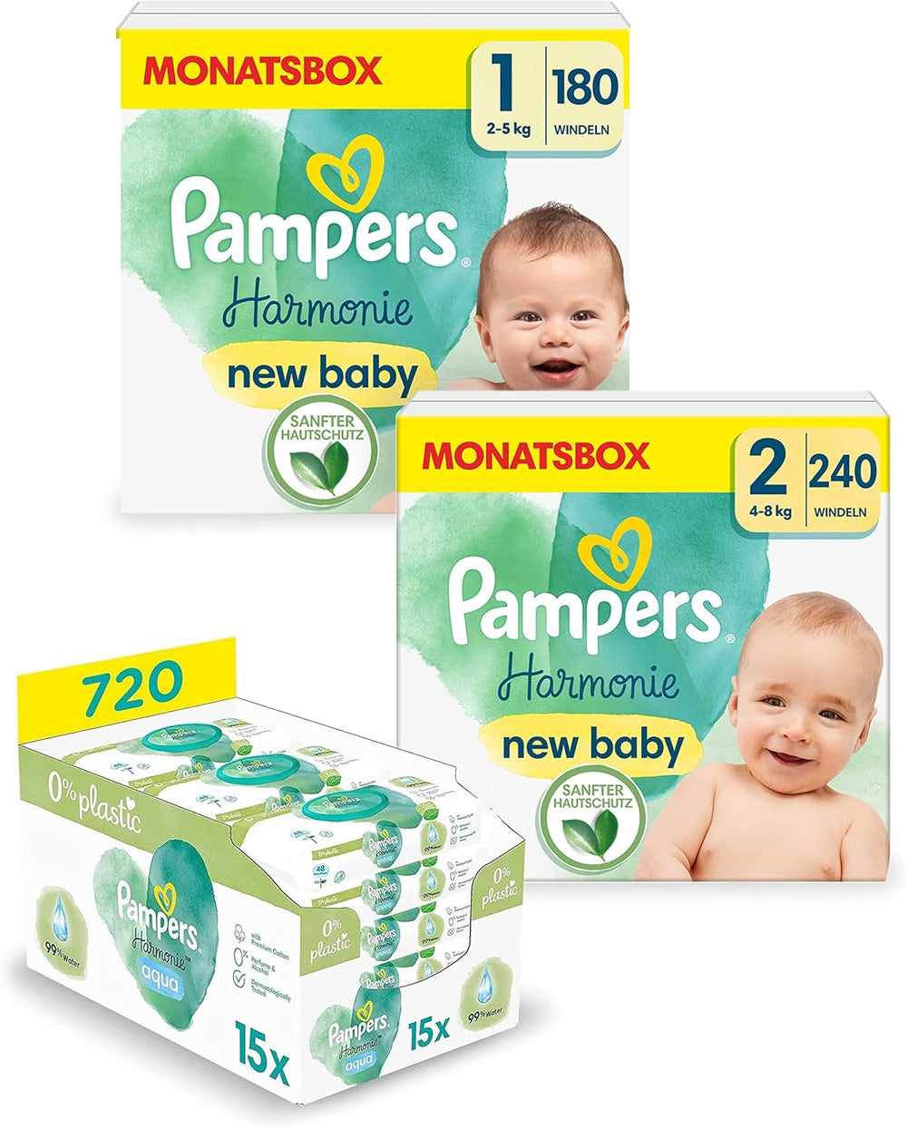 Zestaw pieluszek Harmonie Aqua Rozmiar 1 (2-5 kg, 180 szt.), Rozmiar 2 (4-8 kg, 240 szt.), Half Moon Box i chusteczki Aqua Baby, 720 chusteczek (15 x 48), Zestaw startowy dla niemowląt