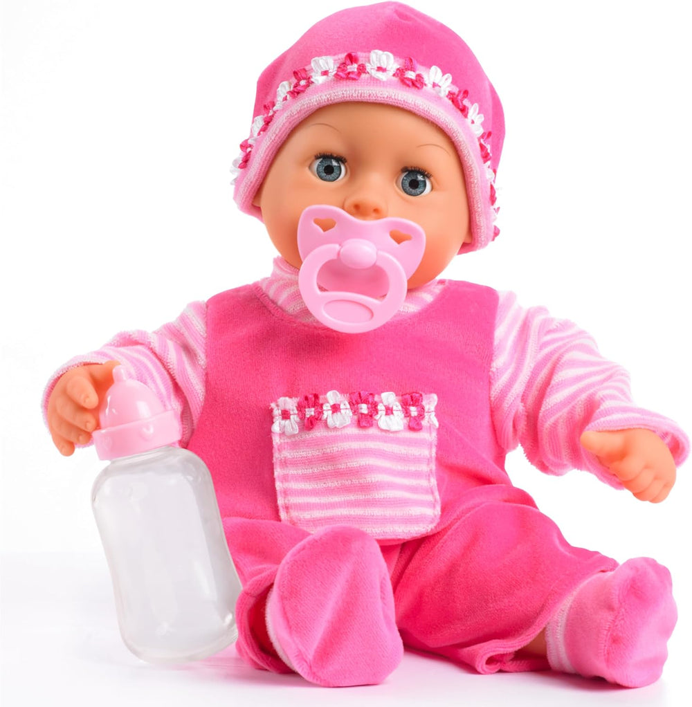 Bayer Design 93800-różowy 93825AA Babypuppe First Words, Schlafaugen, spricht 24 Babylaute, weicher Körper, mit Schnuller und Flasche, 38 cm, różowy