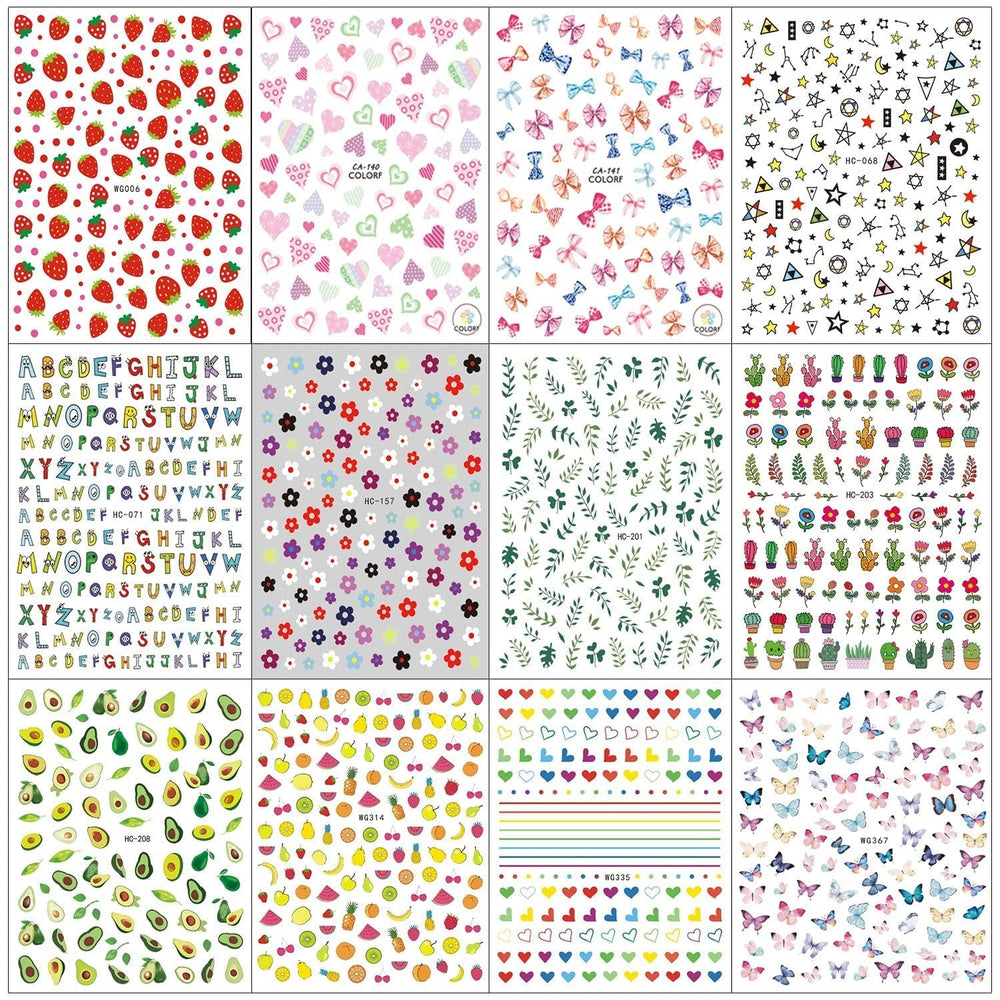 12 Blatt Nagelsticker Süß Kinder Nagelaufkleber Selbstklebend Weihnachtsblumen Blätter Tiere Pflanzen Früchte Nail Art Sticker Dekoration Nageldesign Zubehör
