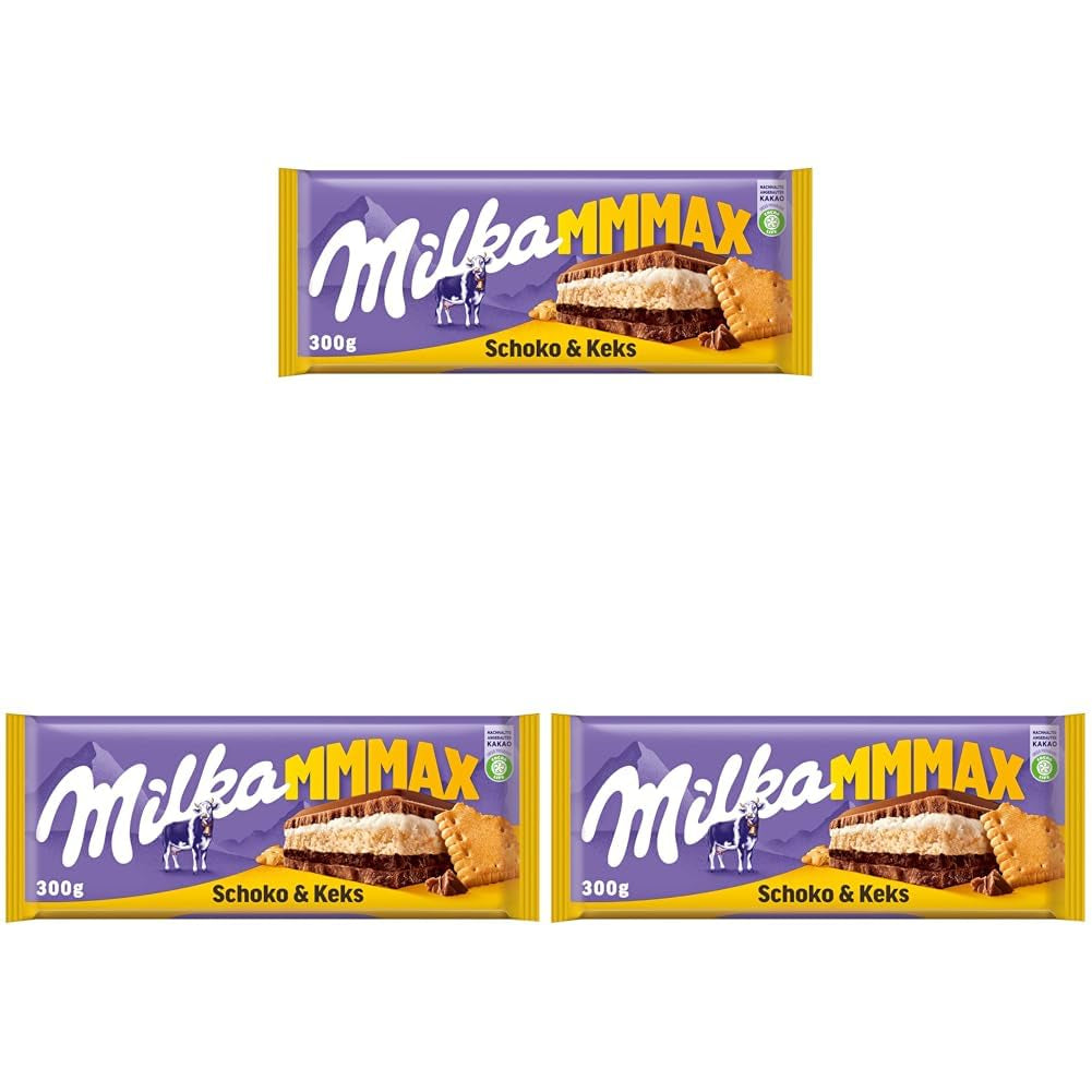 Milka Mmax Chocolate and Biscuits – Alpejska czekolada mleczna z nadzieniem mlecznym i chrupiącymi kawałkami ciasteczek – 300g