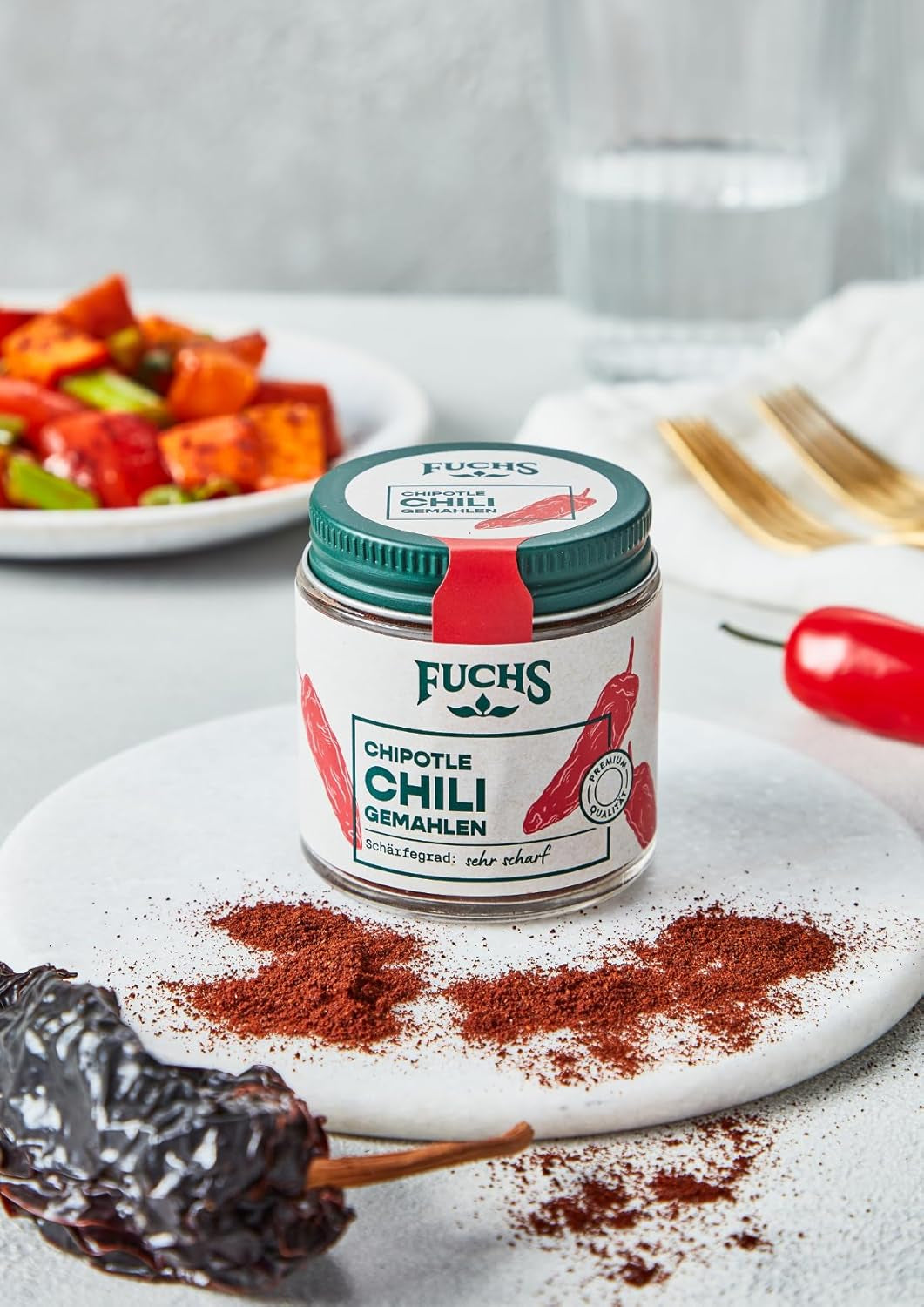 Fuchs Gewürze - Chipotle Chili gemahlen | Rauchiges Chilipulver | Chili w proszku w jakości Premium 50 g im wiederverschließbaren Gewürzglas