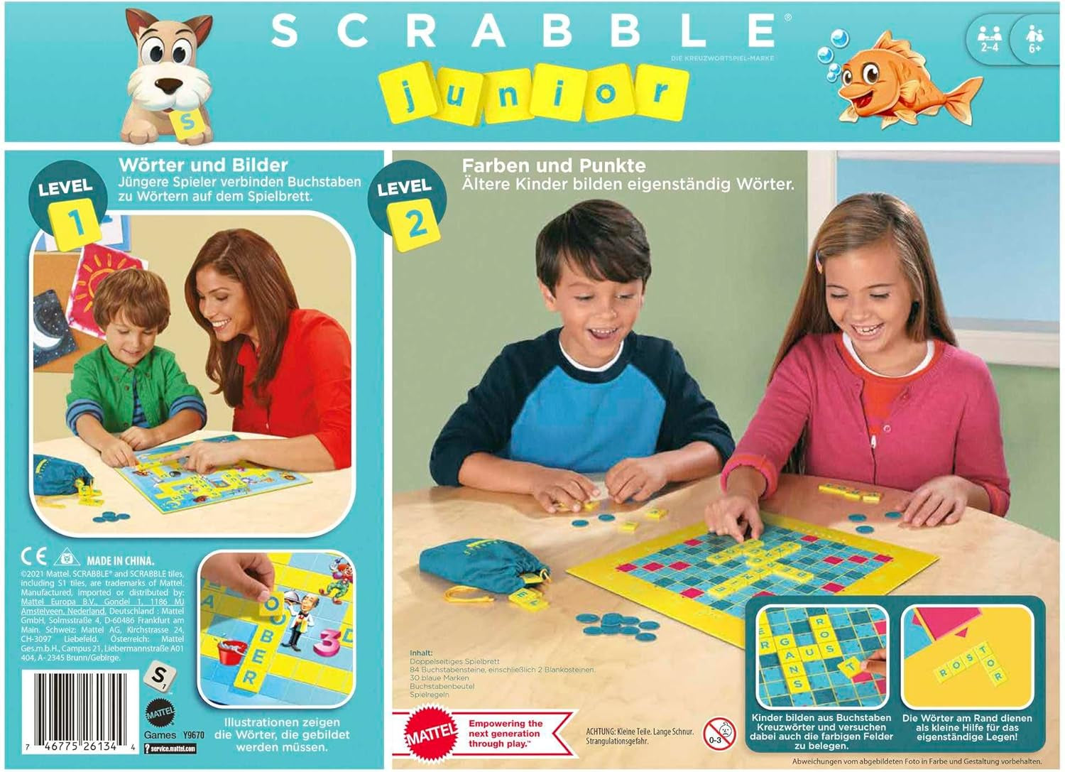 Mattel Games Scrabble Junior - Joc de cuvinte și joc pentru copii, Joc de societate potrivit pentru 2-4 copii cu vârsta de 6 ani și peste, Designul poate varia, Versiune germană, Y9670