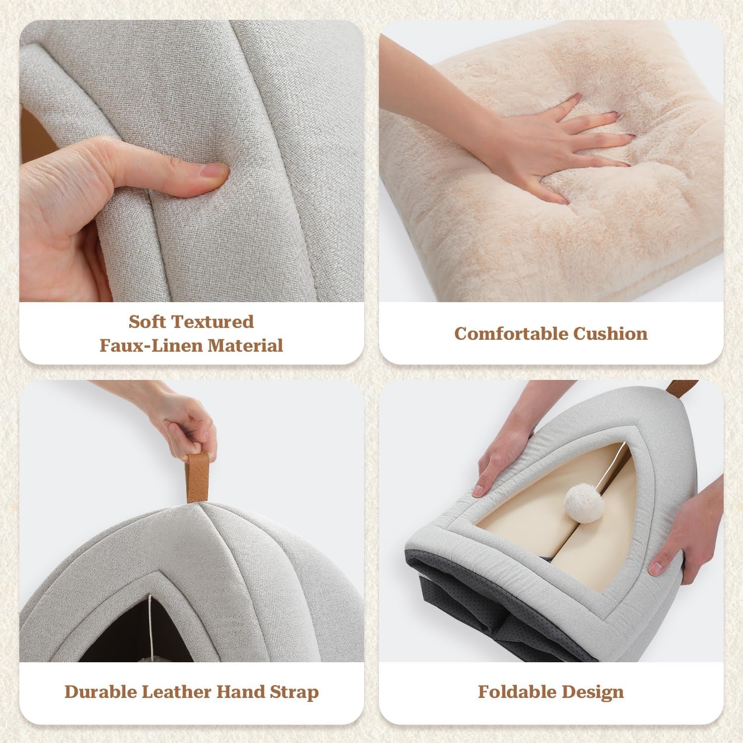 PAWZ Road Katzenhöhle mit waschbaren Kissen, Hundebett kleine Hunde, Kleintierhaus, Katzenschlafplatz-Bettchen, Katzenhaus Indoor, Beige, 40x40x40cm