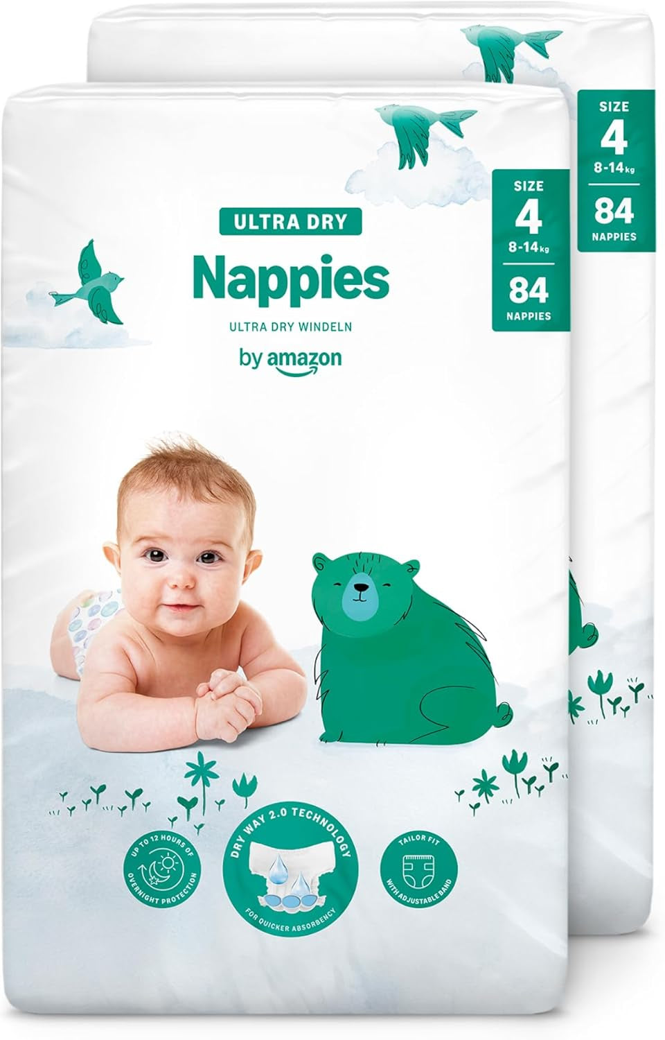 Pieluchy Amazon Ultra Dry, rozmiar 3 (4–9 kg) – pudełko miesięczne, białe, 172 sztuki (2 opakowania po 86) (dawniej Mama Bear, identyczny produkt)