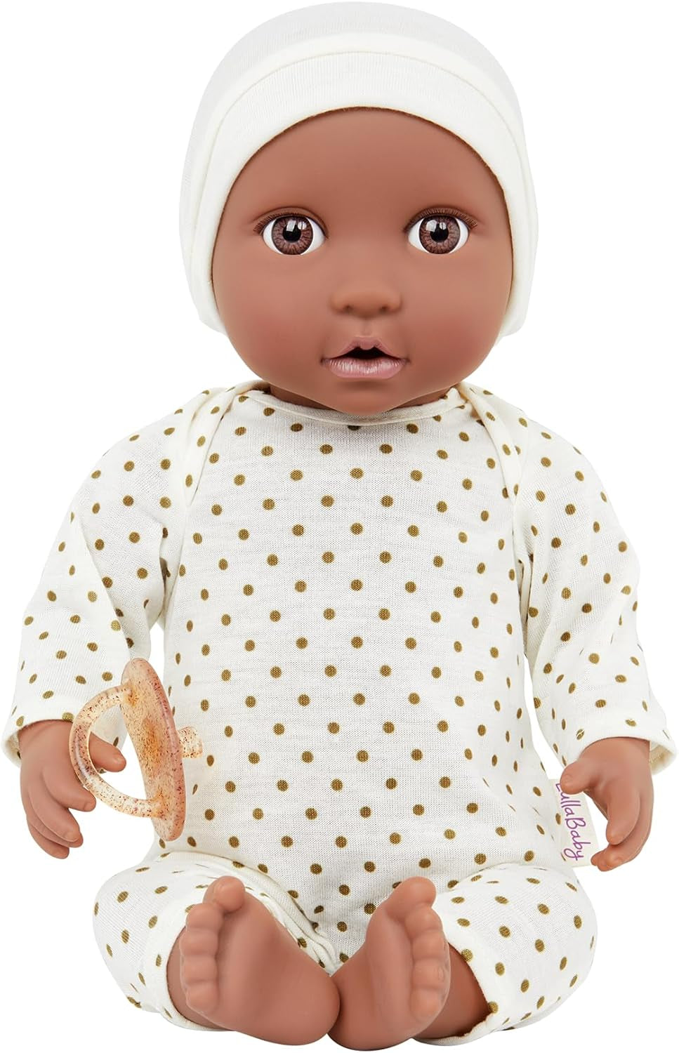LullaBaby - Baby Puppe - Einteiler & Mütze - 36 cm Realistyczny Baby-Puppe - Orzech laskowy, brązowe oczy i miękkie ciało - Romper i Schnuller-Zubehör - Udawaj zabawę - Kinder 2 Jahre +