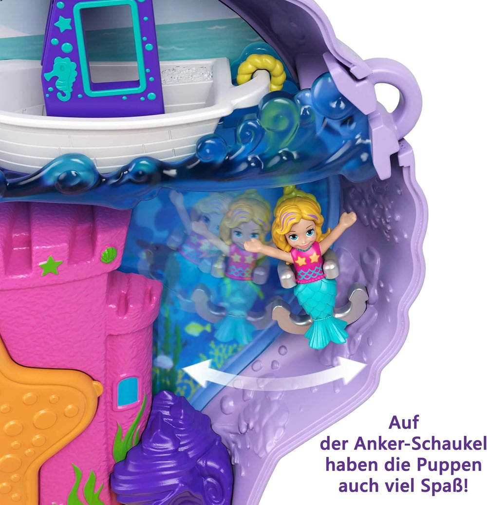 Cutie de depozitare Polly Pocket, geantă cu scoici și temă subacvatică, cu 2 păpuși și 1 submarin, jucărie sirenă Polly Pocket, jucărie pentru vârste de 4 ani și peste, GNH11