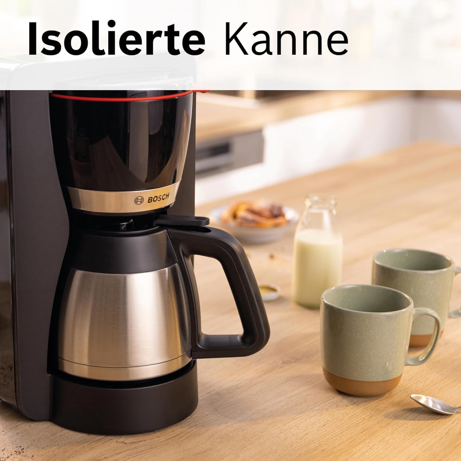 Espressor cu filtru Bosch MyMoment TKA6M273, carafă termică de 1L, pentru 8-12 cești, sistem anti-picurare, suport pentru filtru rotativ, program de detartrare, rezervor de apă detașabil, 1200 wați, negru mat