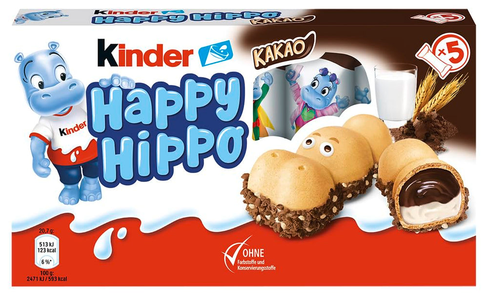 Kinder Happy Hippo Hazelnut - Specjalne chrupiące wafle z mlekiem i kremem z orzechów laskowych - Słodycze karnawałowe i Mardi Gras - 1 opakowanie zawierające 5 pojedynczych batonów po 20,7 g każdy