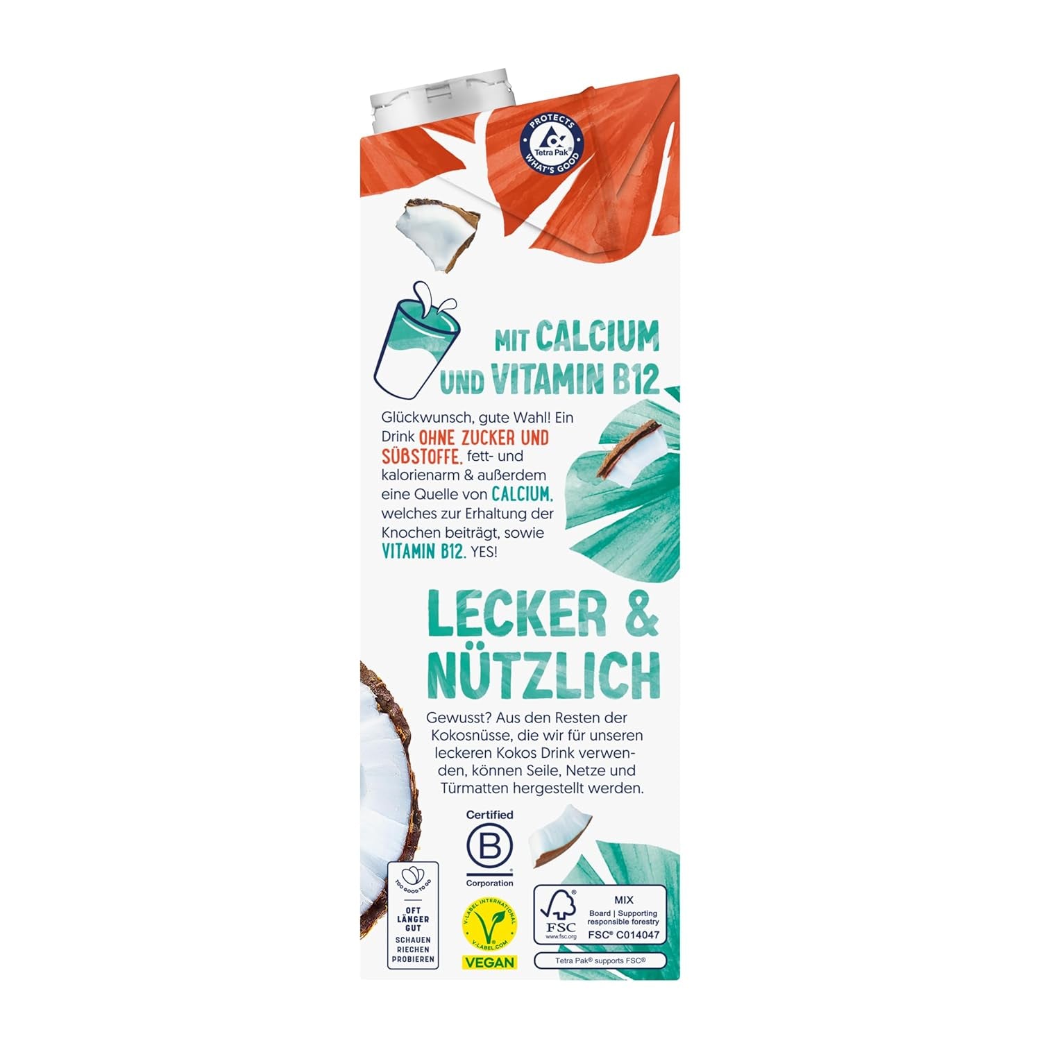 Alpro Kokosnussdrink ohne Zucker – Ohne Süßstoffe – Vegan und milchfrei – Von Natur aus lactosefrei und fettarm – Bogaty w wapń i witaminy – 8 x 1 L
