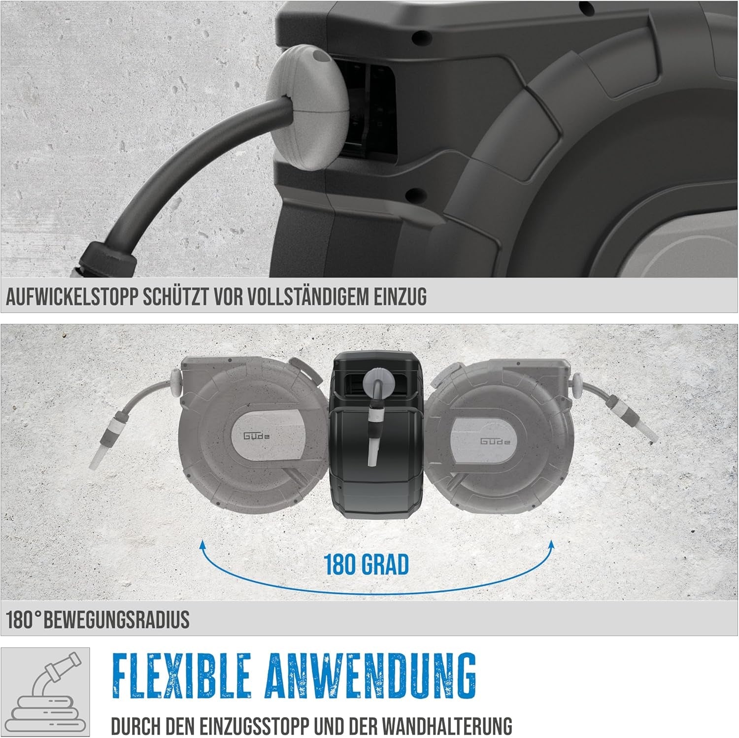 Rolă automată pentru furtun Güde 20-2-2 1/2 (pentru montare pe perete, rotire la 180°, furtun de 20 m, pulverizator de apă, suport de perete, retragere automată, opritor retragere, mâner de transport, 2 cuplaje rapide)