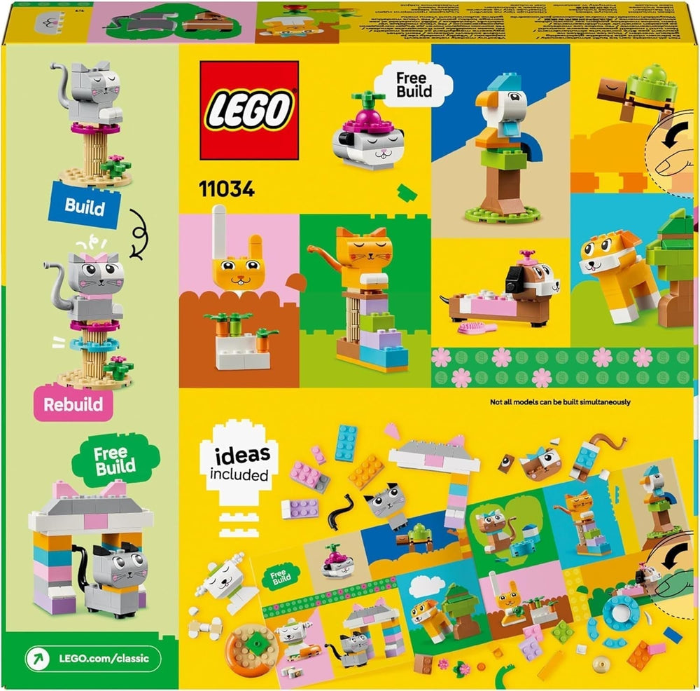 LEGO Classic Kreatywne zwierzęta, pudełko z kolorowymi klockami, klocki do zbudowania figurek zwierząt, takich jak pies, kot, królik, chomik i ptak, zabawka konstrukcyjna dla chłopców i dziewcząt od 5 lat 11034 Zestawy do budowania Besuche den LEGO-Store