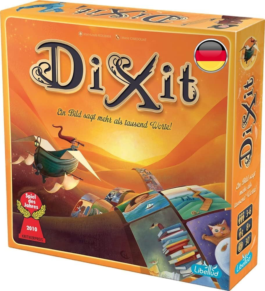 Asmodee, Dixit, wersja niemiecka, gra podstawowa, obraz wart tysiąca słów, kreatywna gra rodzinna dla 3–8 graczy w wieku 8+, gra roku 2010 z 30-minutowym czasem gry