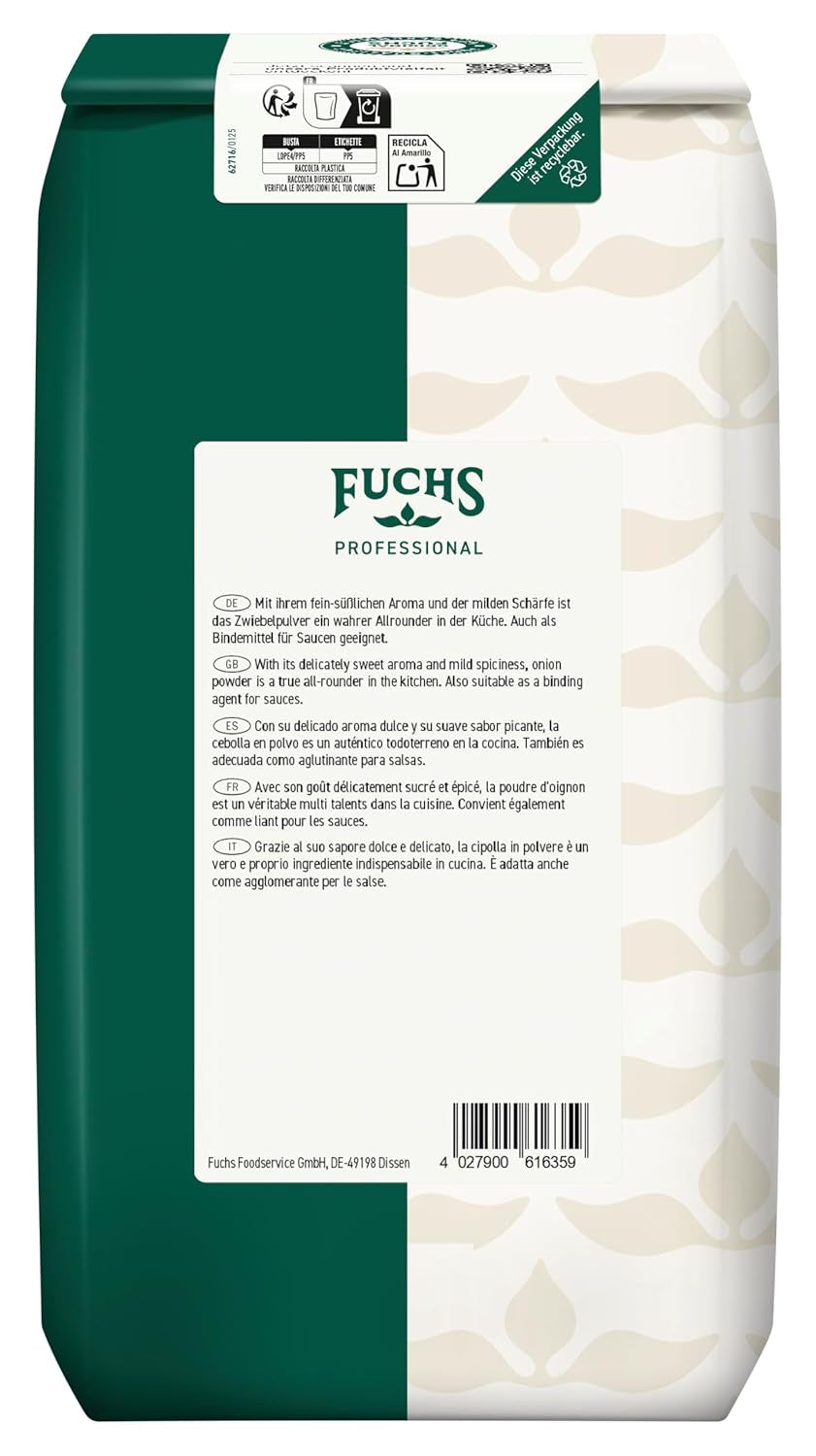 Fuchs Professional - Zwiebelpulver | Schonend verfahrett, zum Würzen von herzhaften Gerichten | Profi-Qualität für Großverbraucher und Gastronomie | Worek 1 kg nadający się do recyklingu