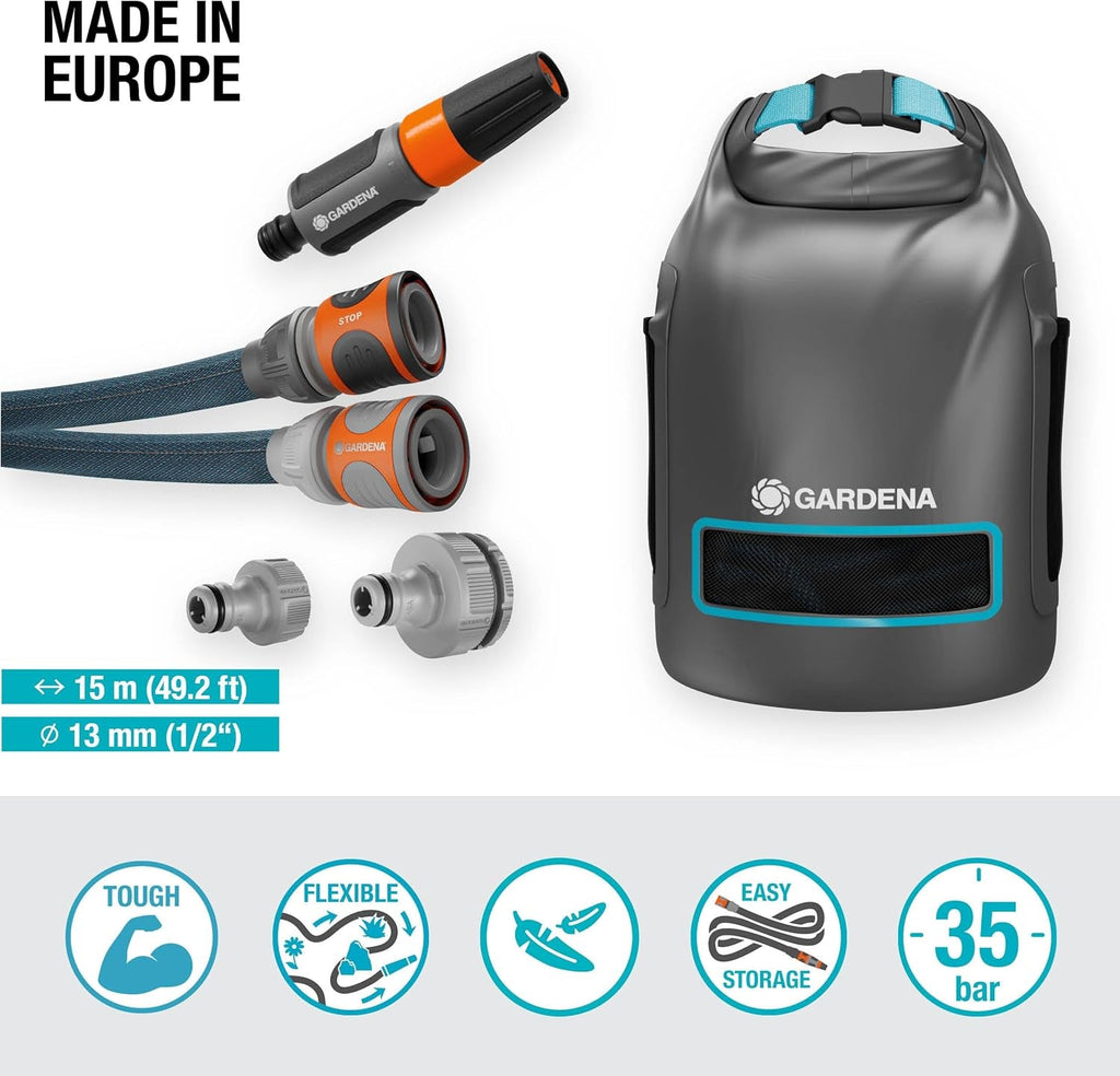 Gardena Liano Xtreme 1/2 inch, Set 15m + Geantă: Furtun de grădină extrem de robust din material textil cu geantă, cu furtun interior din PVC, ușor, rezistent la intemperii (18468-20)