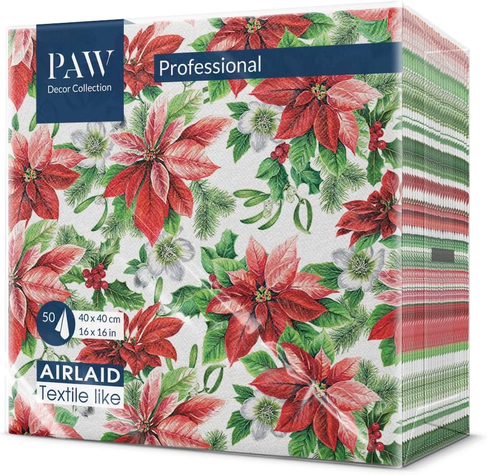 PAW - Șervețele Airlaid (40 X 40 Cm) I 50 Bucăți I Perfect pentru Crăciun, Iarnă, Sărbători I Decorațiuni de masă pentru Ajunul Crăciunului I Șervețele Airlaid Fabric-Like Winter Branches I Winter Branches