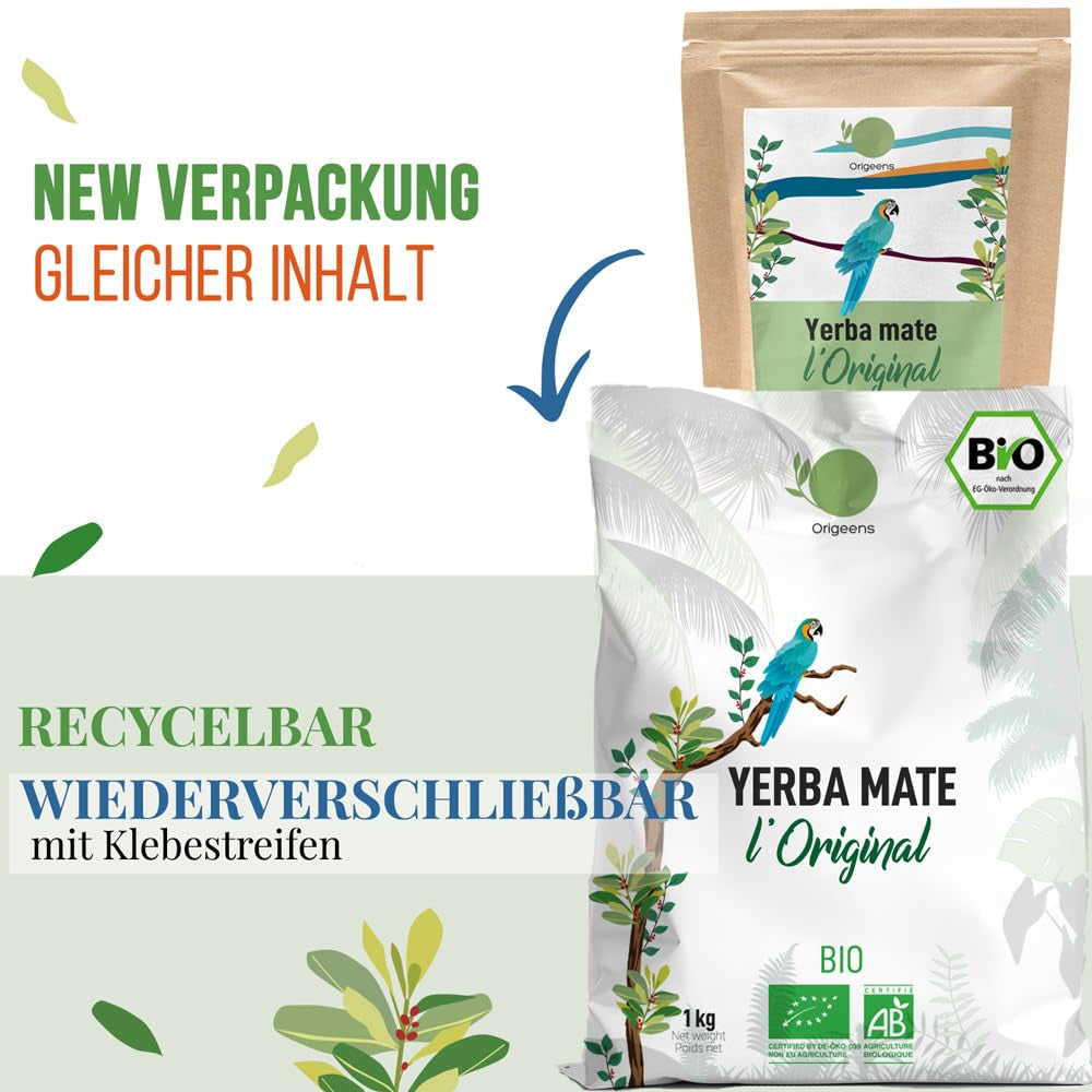 CEAI ORIGEENS BIO YERBA MATE 1 KG - Originalul I Neprăjit, frunze, fără tulpini, praf și firimituri I Băutură energizantă și detoxifiantă