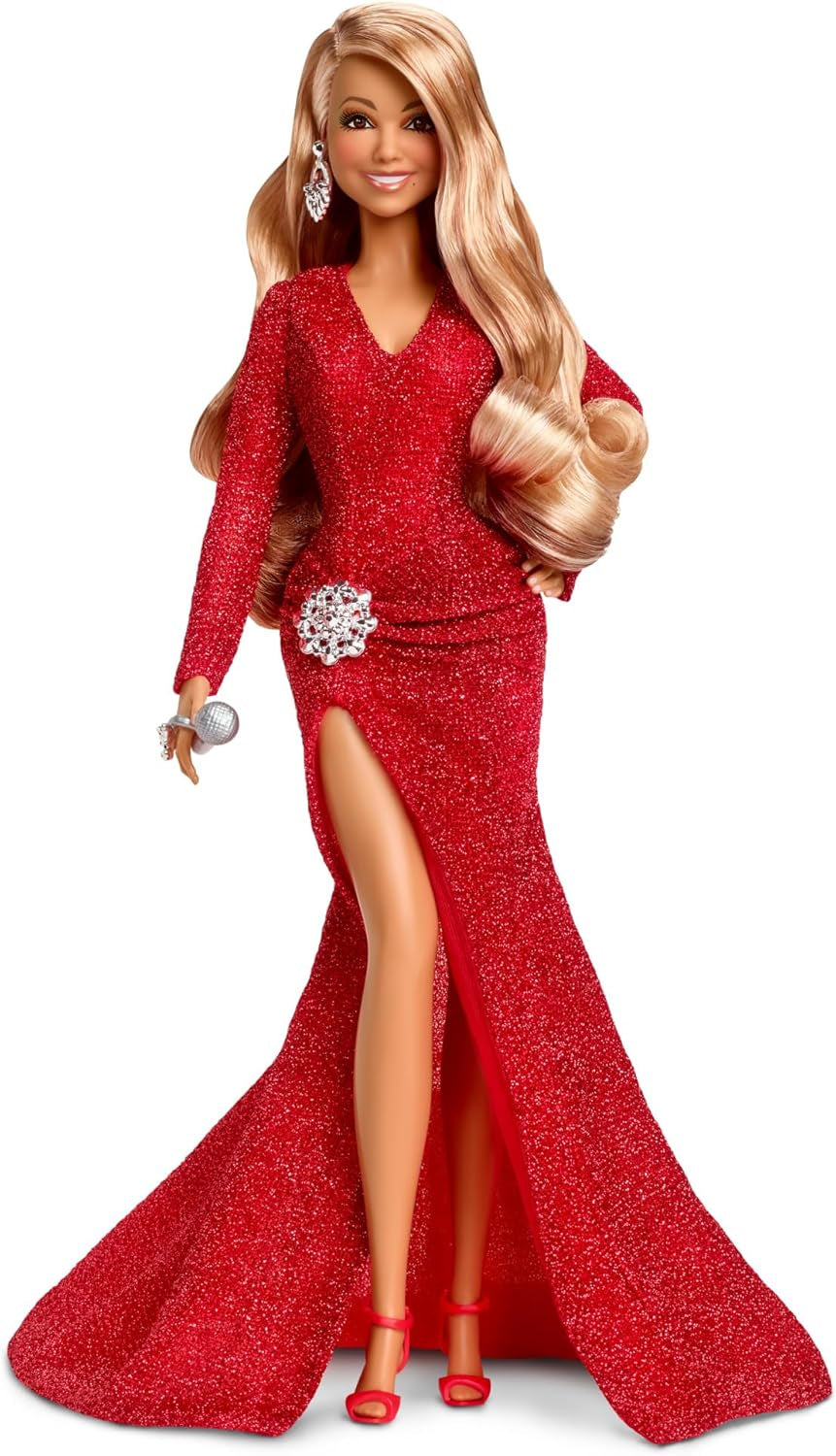 Barbie Mariah Carey - Păpușă de colecție cu rochie roșie strălucitoare, volane, crăpătură, bucle fermecătoare, accesorii argintii, tocuri roșii înalte, tradiție de Crăciun, decor, HJX17