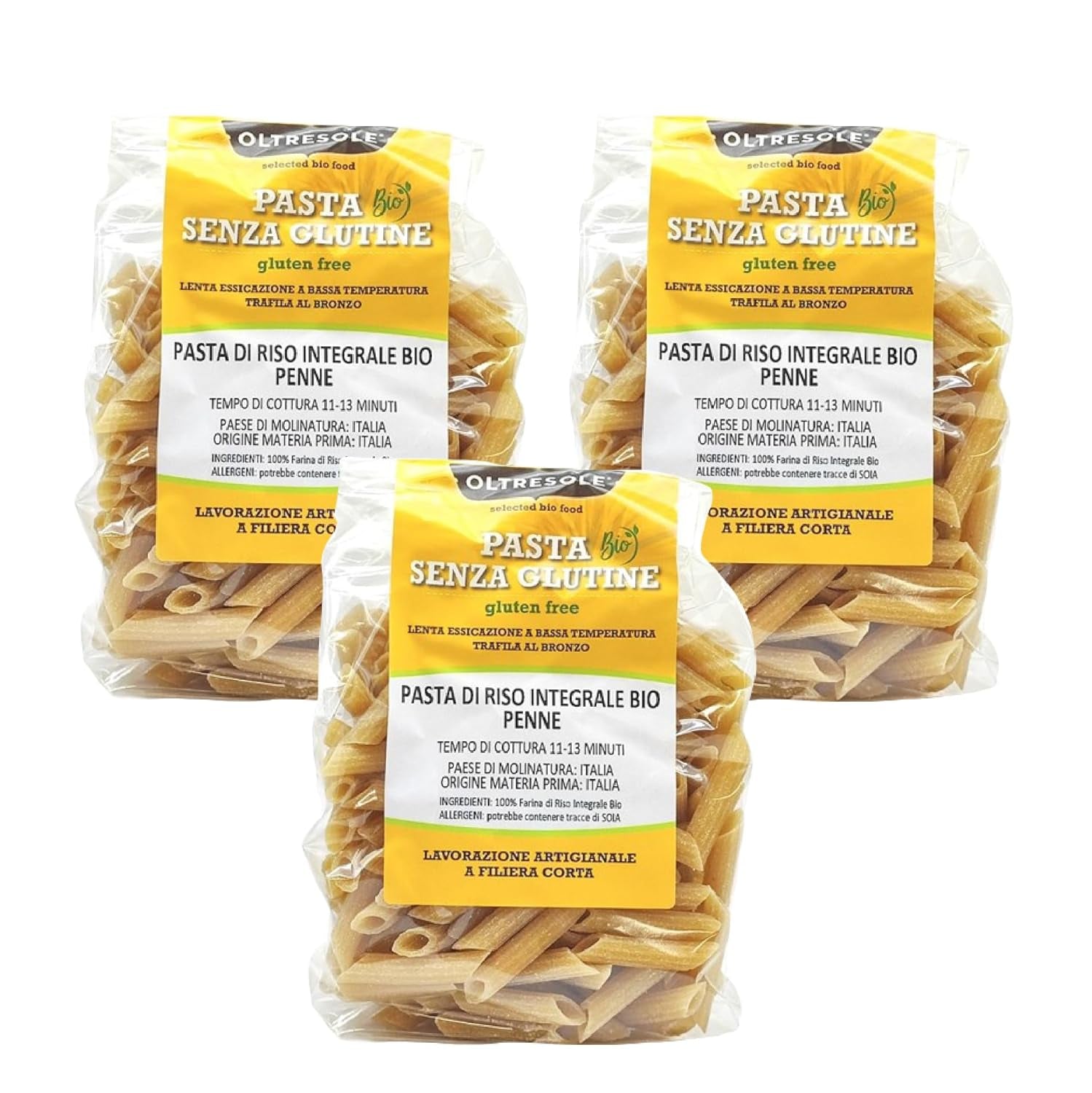 - Paste di Riso Integrale Biologica Italiana Gluten Free, Penne Format - makaron bezglutenowy, 100% ekologiczna mąka z pełnego ryżu, bogata w błonnik, wegańskie, opakowanie 3 opakowań po 350 g