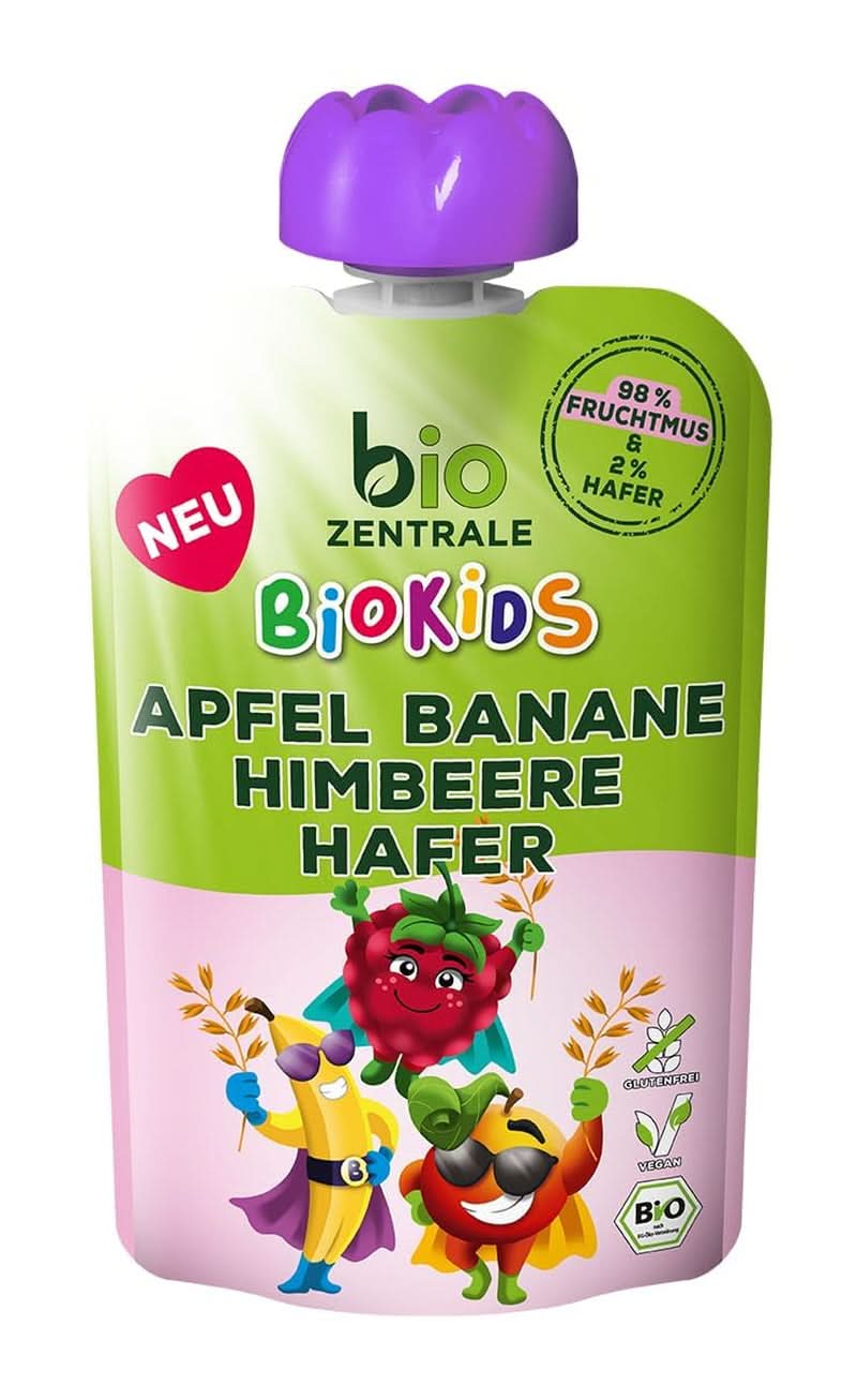 Biozentrale Biokids przecier owocowy jabłka banany maliny owies | 12X90G | Przekąska owocowa bez dodatku cukru | Wegański sklep z matką i dzieckiem Naty
