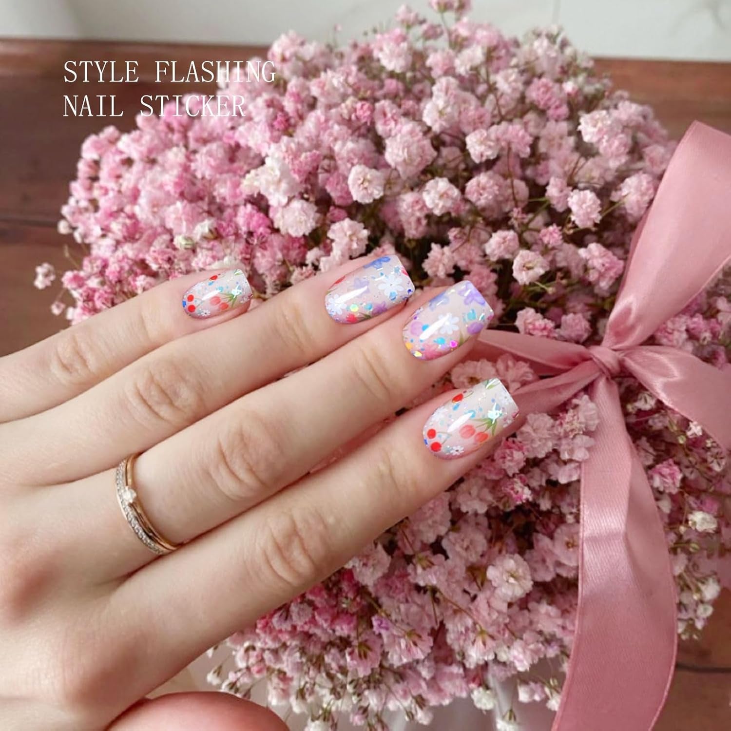 JMEOWIO Nagelfolie UV Härtend Bunter Blumenglitzer UV Gel Nail Strips Nagelsticker Nagelaufkleber Nail Art Dekoration Nageldesign Zubehör