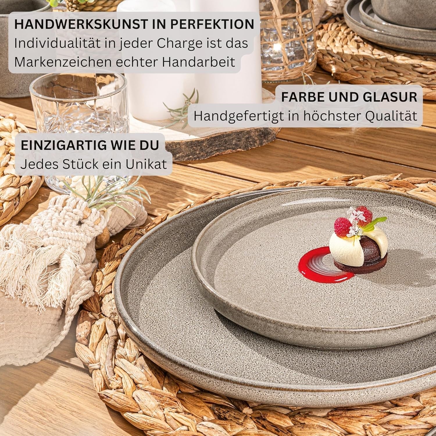 SÄNGER Cairo Clay | Set de veselă 24 piese, set de veselă din gresie pentru 6 persoane, 6 farfurii, 6 farfurii de desert, 6 boluri pentru paste, 6 boluri pentru servire, set de veselă gri | COLECȚIA VALUE