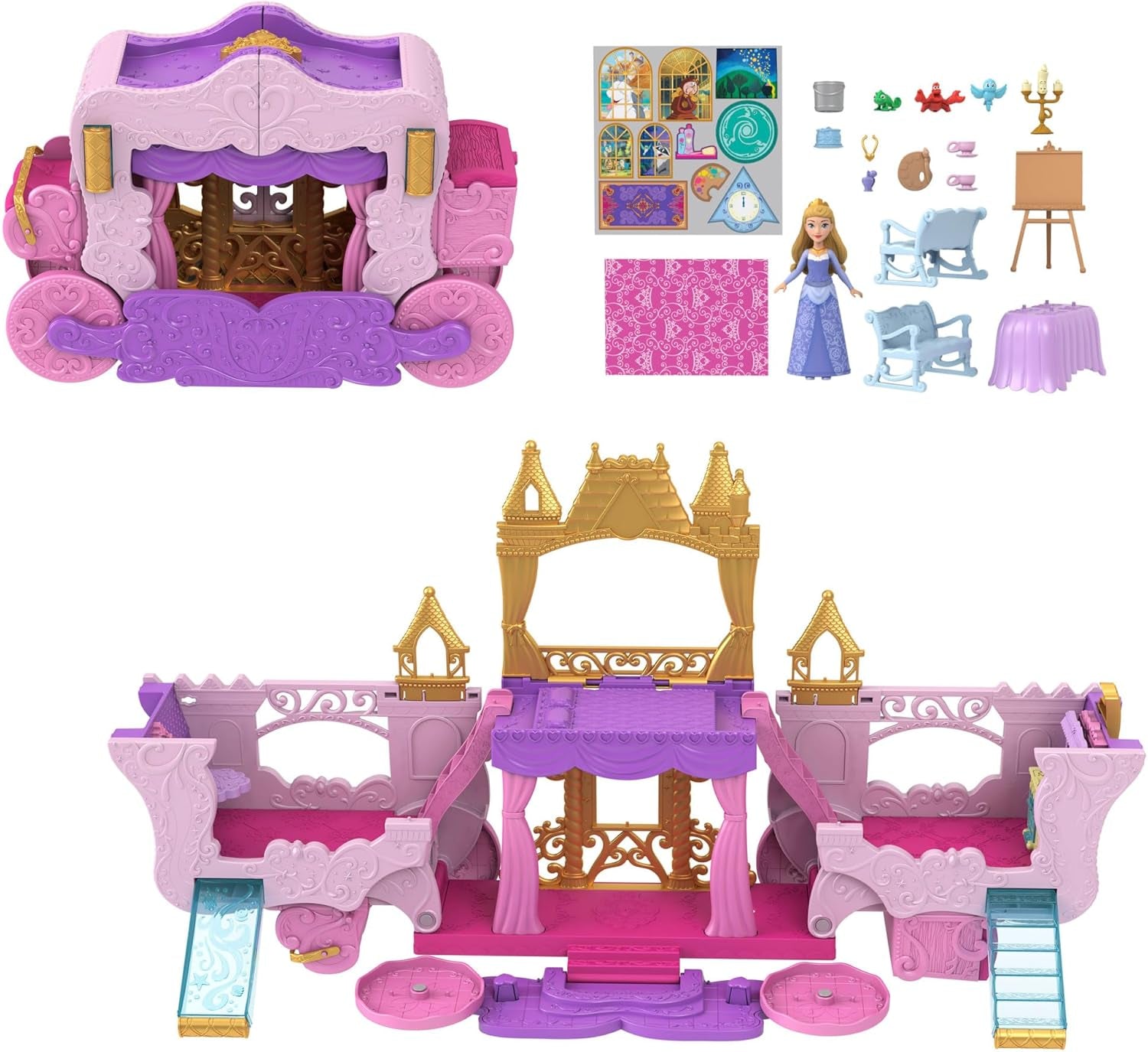 Mattel Disney Princess Transformation Playset Carriage to Castle cu păpușă mică Aurora, 3 niveluri, 6 zone de joacă, 4 figurine, mobilier și accesorii HWX17