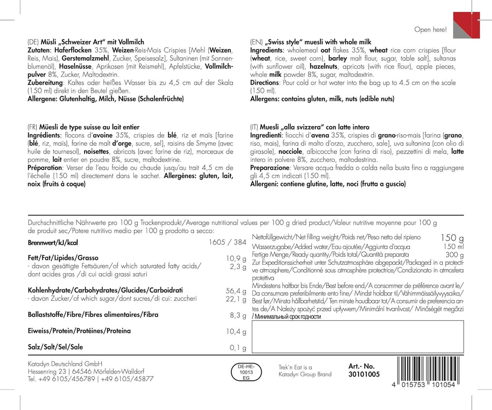 Trek'n Eat Swiss Muesli z mlekiem w proszku (2 sztuki w opakowaniu)