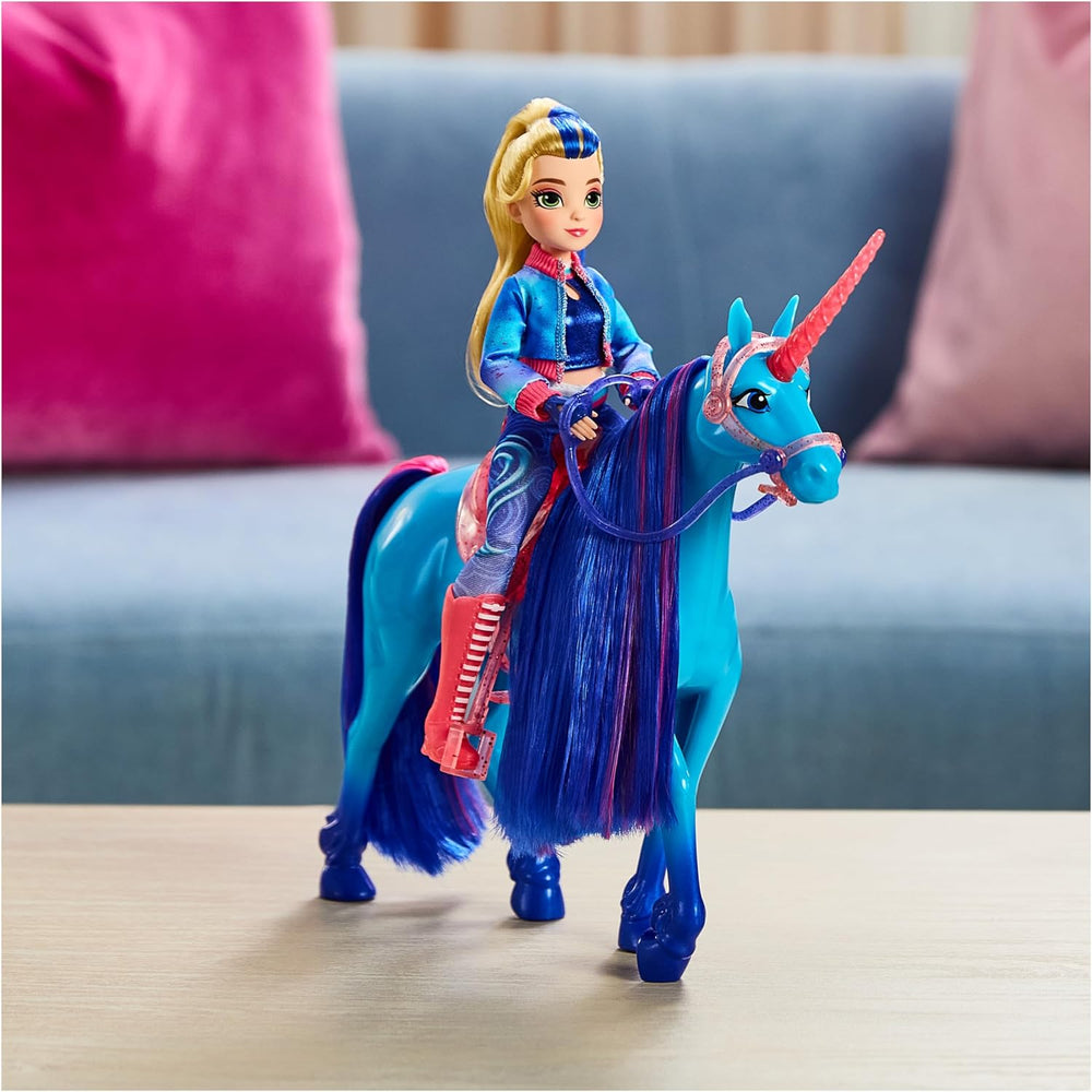 Academia Unicornilor Unicorn River - 28 cm înălțime, unicorn original de Isabel din serialul Netflix, cu coamă și coadă reale, frâu și șa detașabile și perie, pentru copii cu vârsta de 4 ani și peste