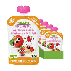 FRECHE FREUNDE Bio Quetschie Apple, Erdbeere, Himbeere mit Grieß, Fruchtmus mit Getreide in Quetschbeutel für Babies od 6. miesiąca, wegańskie, opakowanie 6er (6 x 100g)