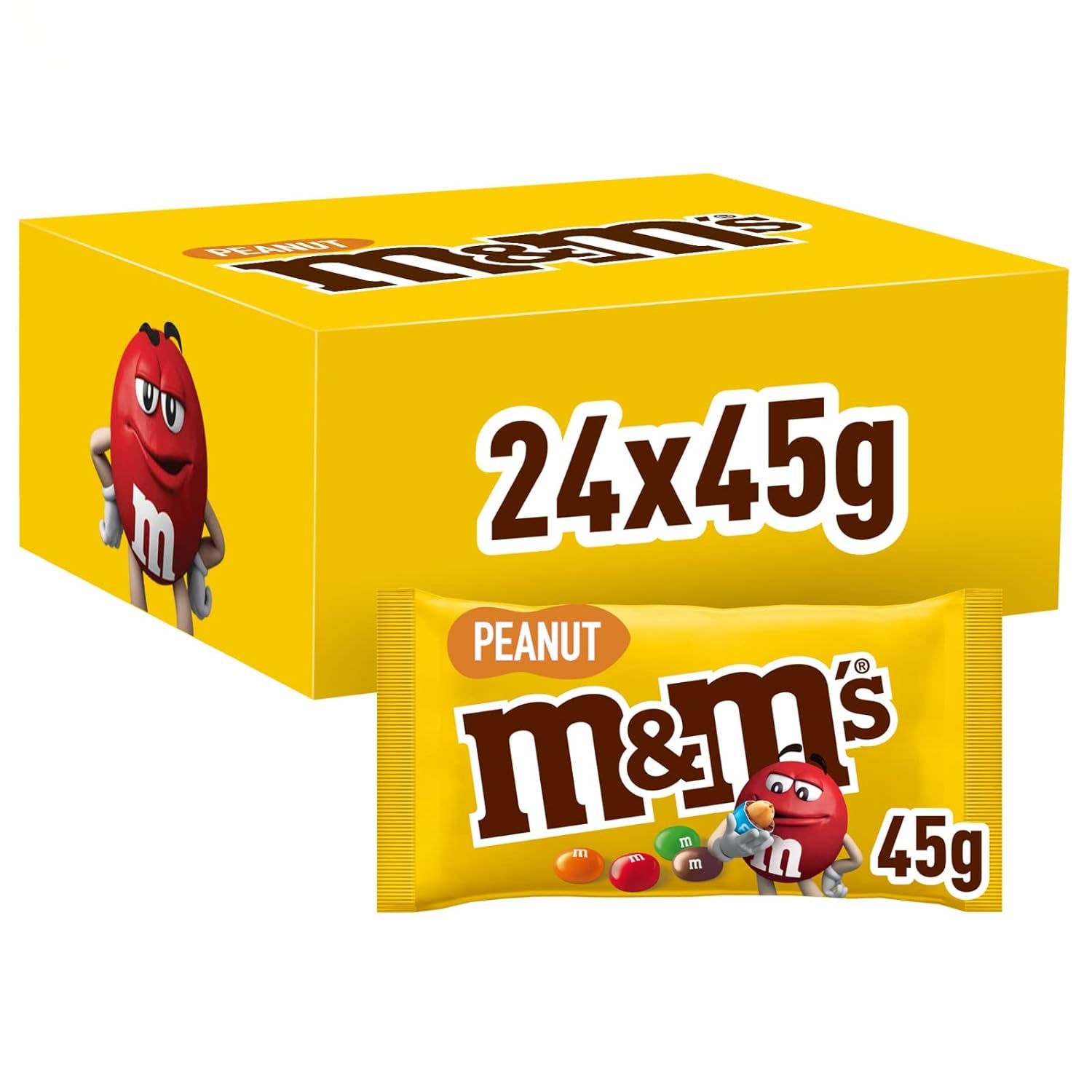 M&M's Peanut Chocolate Opakowanie zbiorcze 24 x 45 g Czekoladowa soczewica o smaku orzechowym Prezent czekoladowy (1080 g) Idealny jako poczęstunek o tematyce piłkarskiej