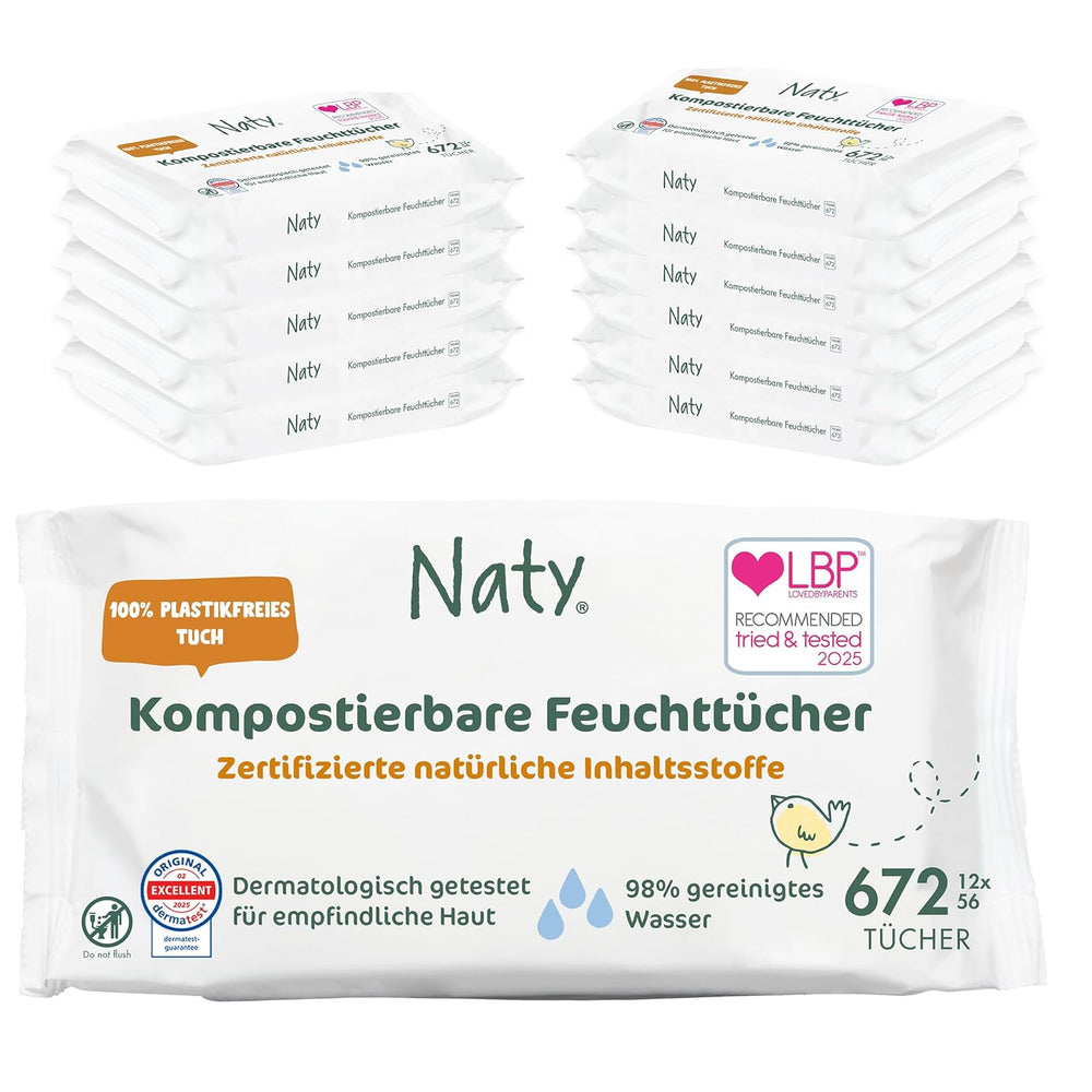 Chusteczki Naty Baby | 100% ziołowy i bezzapachowy dla skóry wrażliwej | Certyfikowane, kompostowalne chusteczki niezawierające plastiku, zawierające w 98% wodę oczyszczoną | 672 chusteczki (12 opakowań)