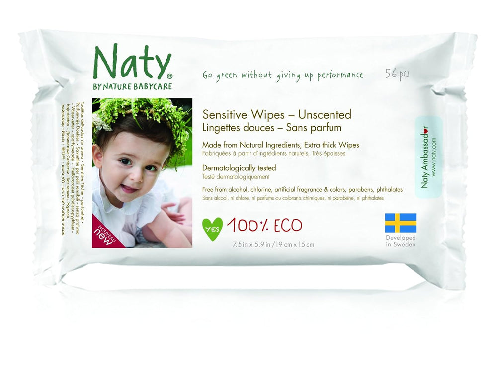 Eco by Naty Baby Care, Organiczne chusteczki nawilżane dla niemowląt, bezzapachowe, 56 pieluszek