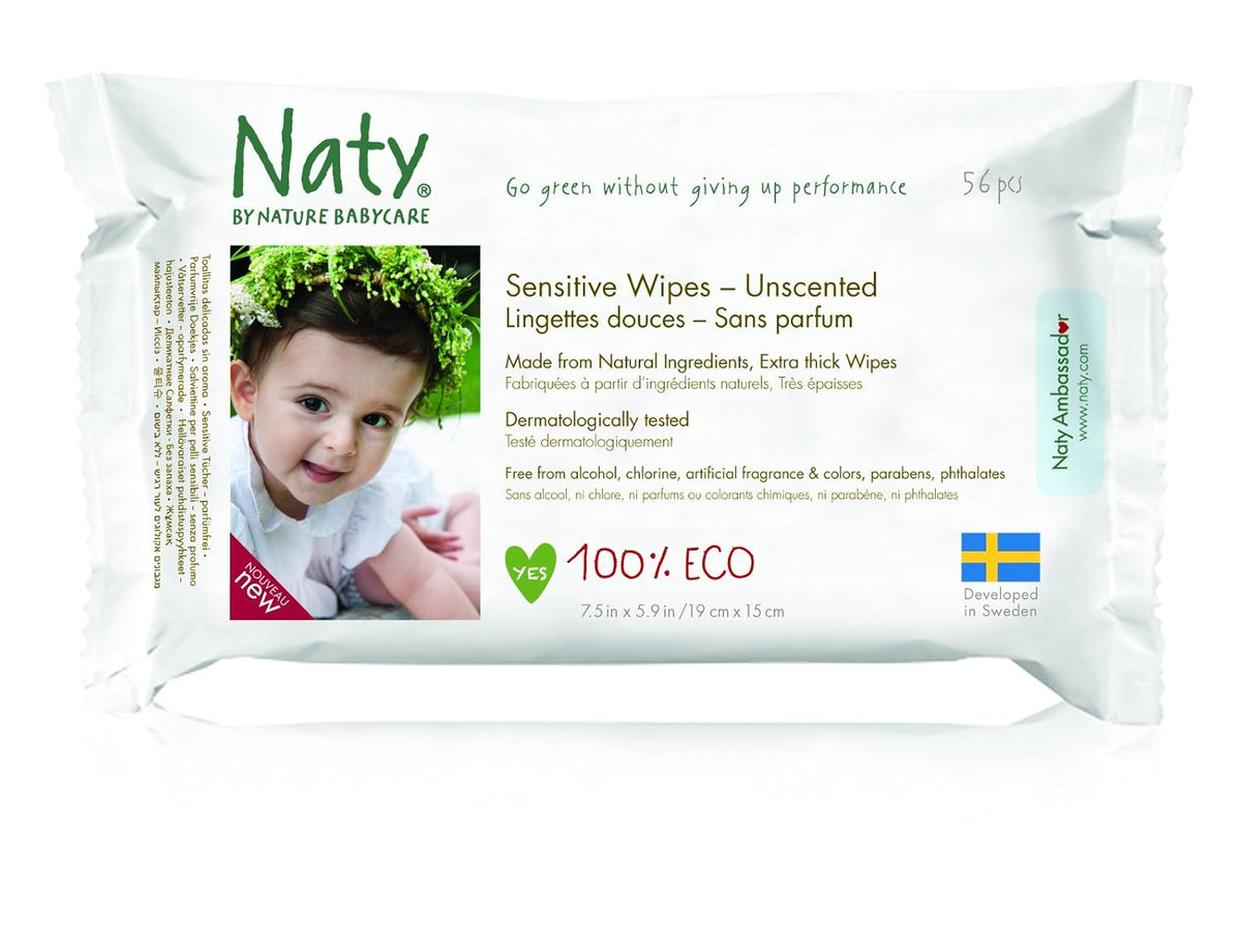 Eco by Naty Baby Care, Organiczne chusteczki nawilżane dla niemowląt, bezzapachowe, 56 pieluszek