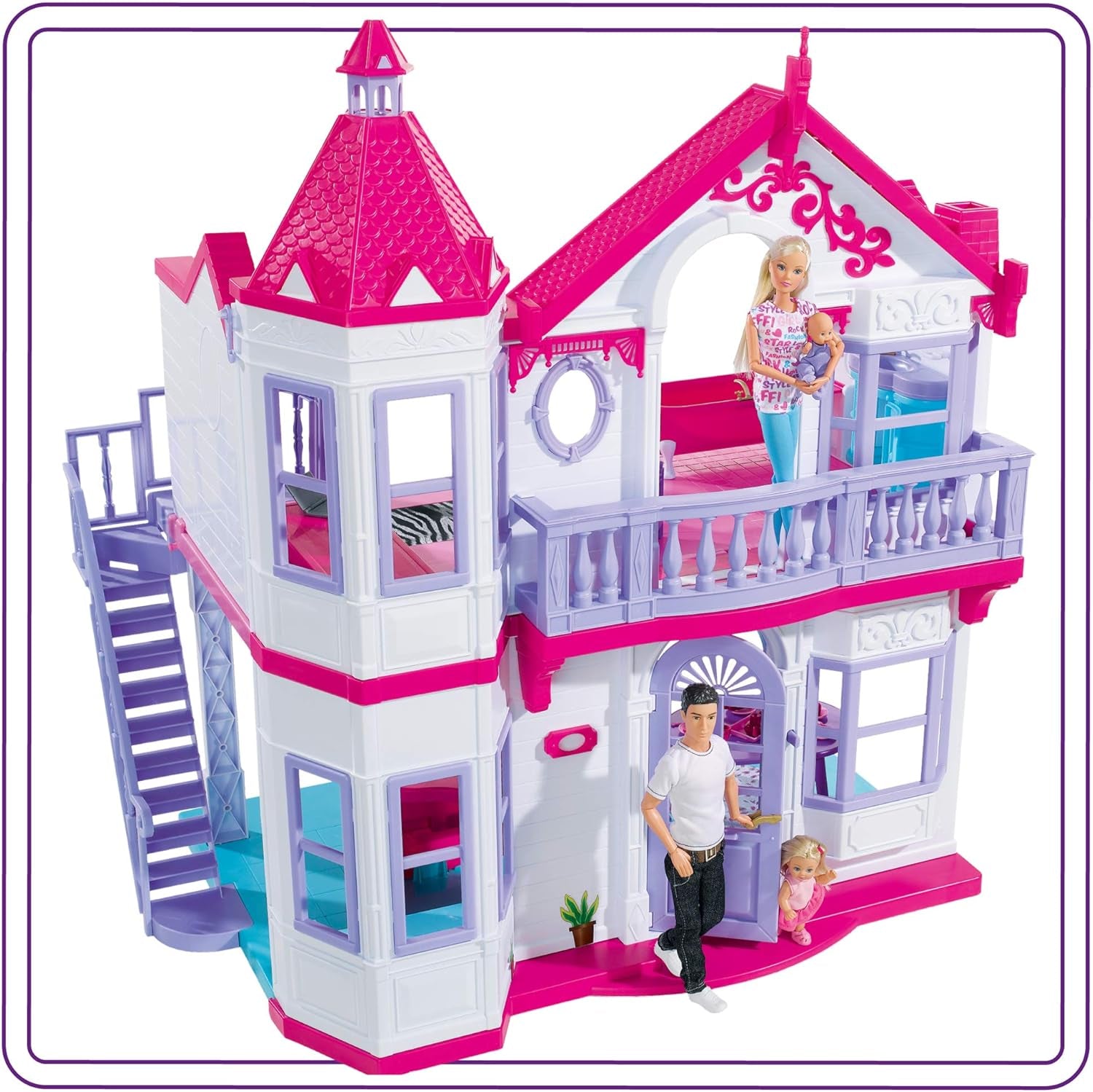 Simba 104661996 - Steffi Love Dreamhouse, duży domek do zabawy, 4 pokoje, BEZ LALEK, wysokość 84 cm, dwa poziomy, funkcjonalny dzwonek, składane domki dla lalek Naty Shop