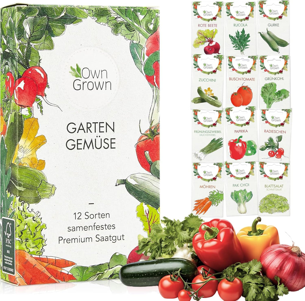 Zestaw nasion warzyw OwnGrown - 12 Pflanzensemen Sorten für Hochbeet und Garten - Praktische Box mit Gemüsesamen für den Anbau Frischer Ernte zu Hause - Ideal für Gartenliebhaber