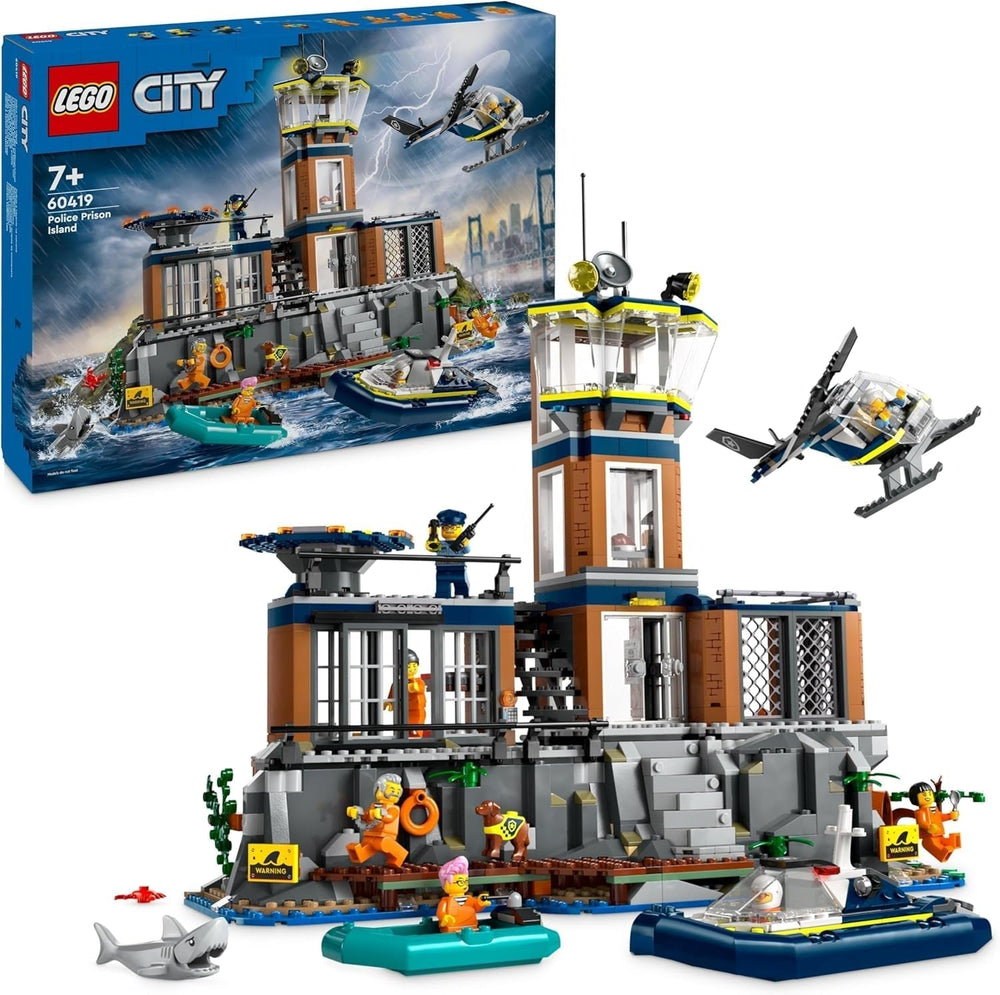 Stație de poliție LEGO City pe insula închisorii, jucărie de poliție cu elicopter, barcă și rechin, set cu 7 minifigurine și câine, cadou aniversar pentru băieți și fete de la 7 ani 60419 Seturi de constructie Besuche den LEGO-Store Singur