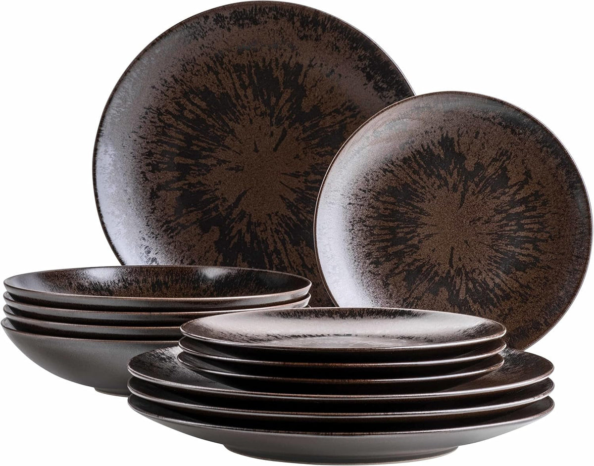 MÄSER Bronz Metallic, serviciu de masă cu 12 piese pentru 4 persoane cu glazură elegantă și lucioasă, set de farfurii cu farfurie de cină, farfurie de sumă și farfurie de desert din ceramică de înaltă calitate, gresie, maro