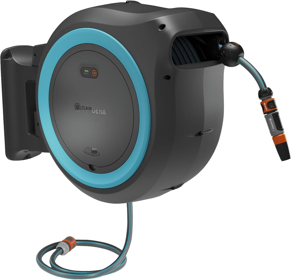 Cutie de furtun de perete fără fir Gardena PowerRoll XXL solo: Tambur automat pentru furtun cu furtun de grădină de 40 m, ghidaj pentru furtun și RollControl, alimentat cu baterii, rezistent la UV și îngheț (18647-55)