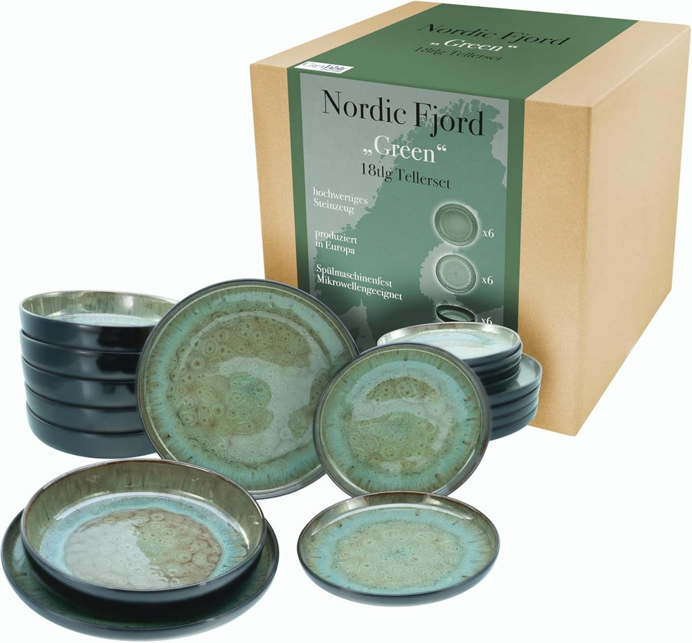 Creatable, 20166, Serie Nordic Fjord Green, 16-Teiliges Geschirrset Für 4 Personen, Kombiservice Aus Steinzeug, Spülmaschinen- Und Mikrowellengeeignet, Qualitätsproduktion Seturi vesela masa Naty Shop Grün Teller Set 18 Tlg