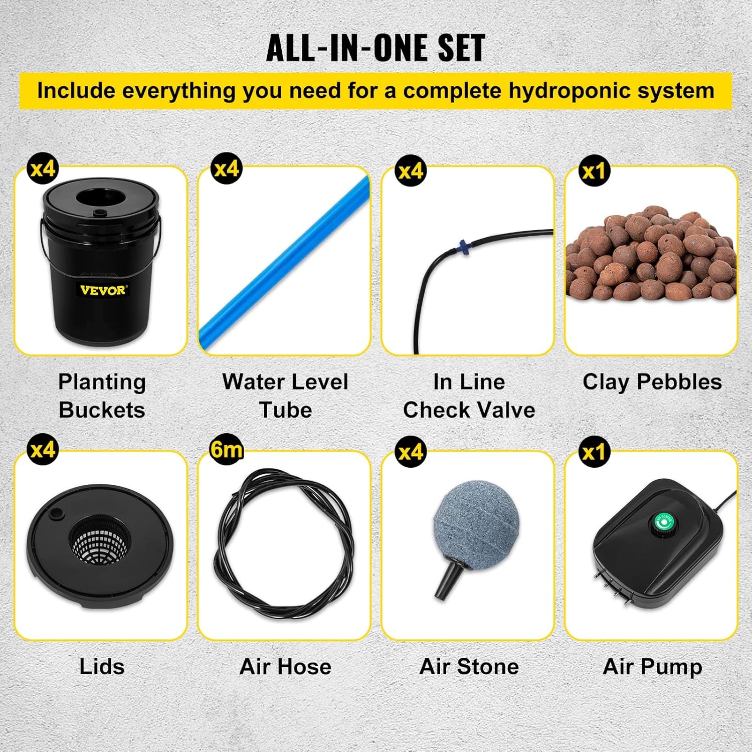 System uprawy hydroponicznej VEVOR DWC, System uprawy hydroponicznej, Uprawa w głębokiej wodzie 4 20-litrowe wiadra, System DWC z pompą powietrza, kamieniami napowietrzającymi i wskaźnikiem poziomu wody dla warzyw liściastych