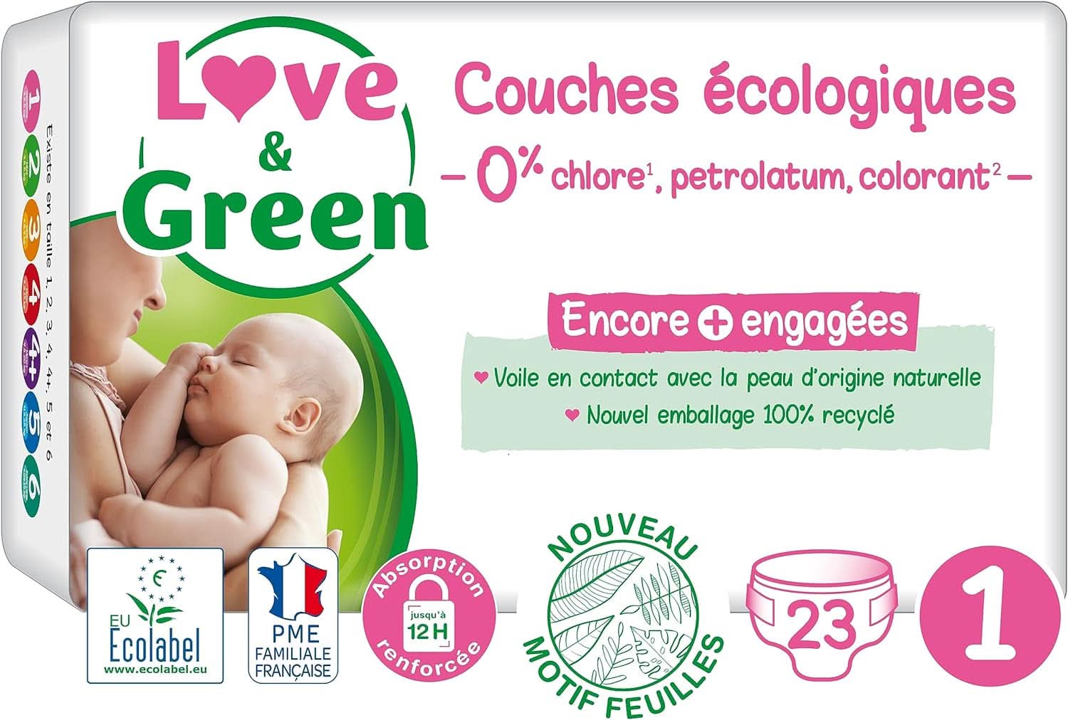 Love&Green, pieluchy dla niemowląt, hipoalergiczna mama i dziecko Naty Shop Rozmiar 1, noworodek, 23 pieluszki